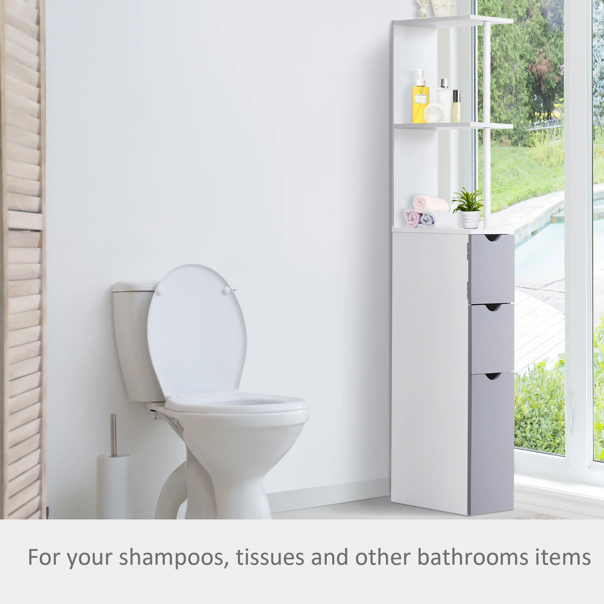 54" Tall Bathroom Storage Cabinet, Freestanding Linen Tower w/ 2 Tier Shelf & Drawers, White - Image 7