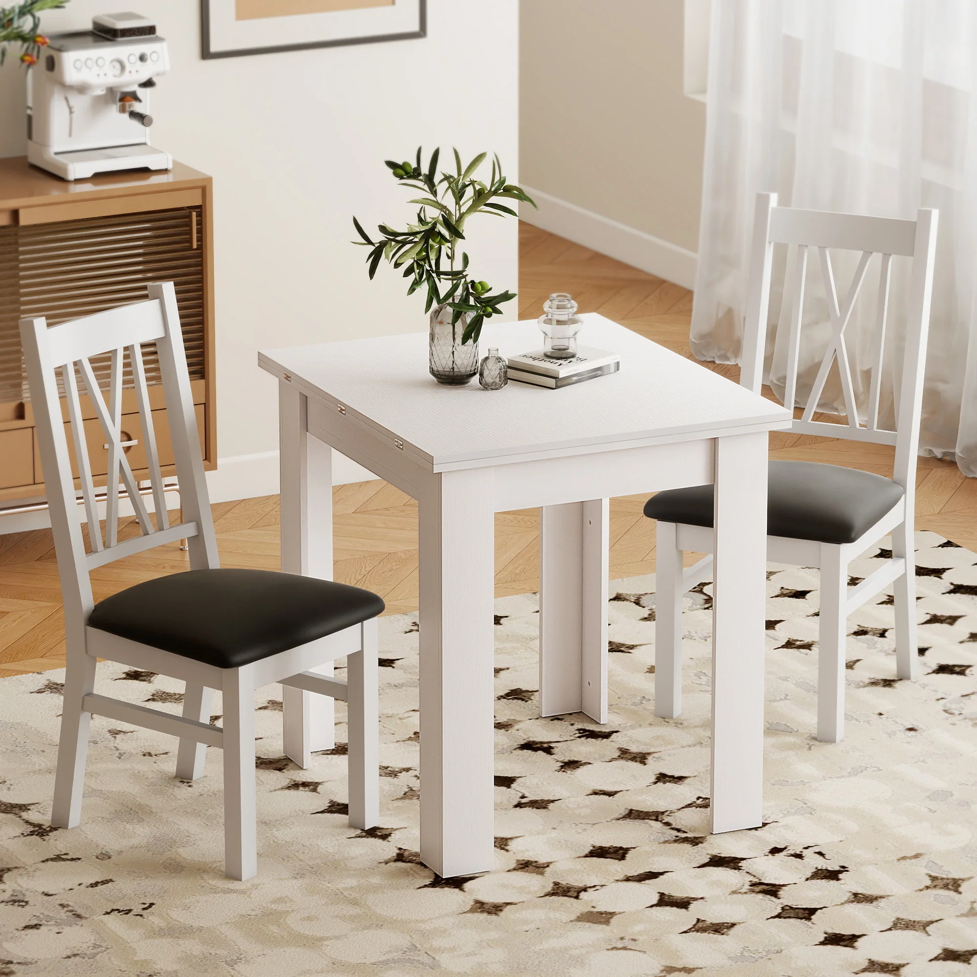 55" Extendable Dining Table for 4-6 Person, Rectangular Modern Kitchen Table with PU Handle and Felt Pads for Small Spaces, White Wood Effect - Image 4