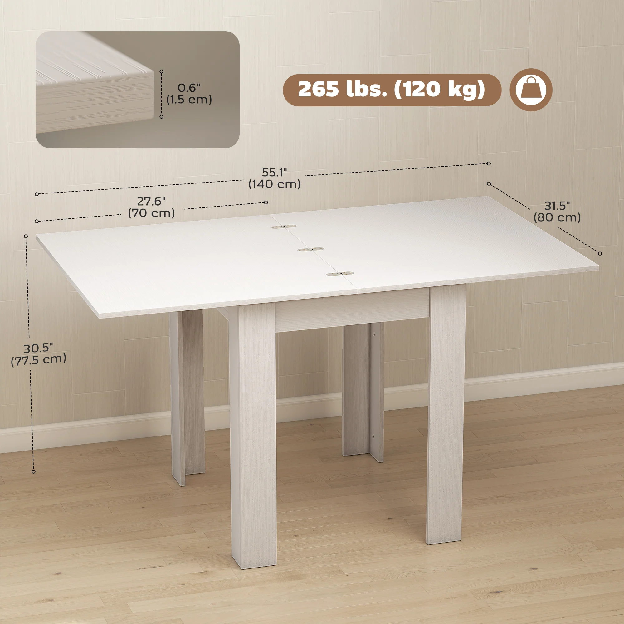 55" Extendable Dining Table for 4-6 Person, Rectangular Modern Kitchen Table with PU Handle and Felt Pads for Small Spaces, White Wood Effect - Image 5