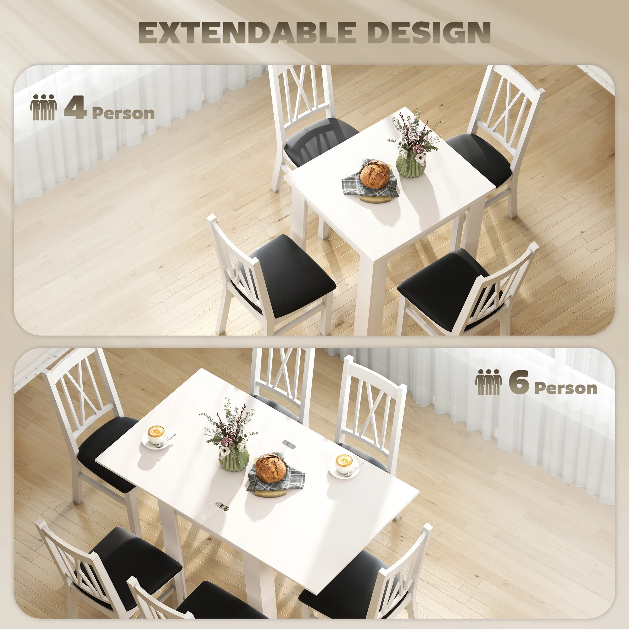 55" Extendable Dining Table for 4-6 Person, Rectangular Modern Kitchen Table with PU Handle and Felt Pads for Small Spaces, White Wood Effect - Image 6