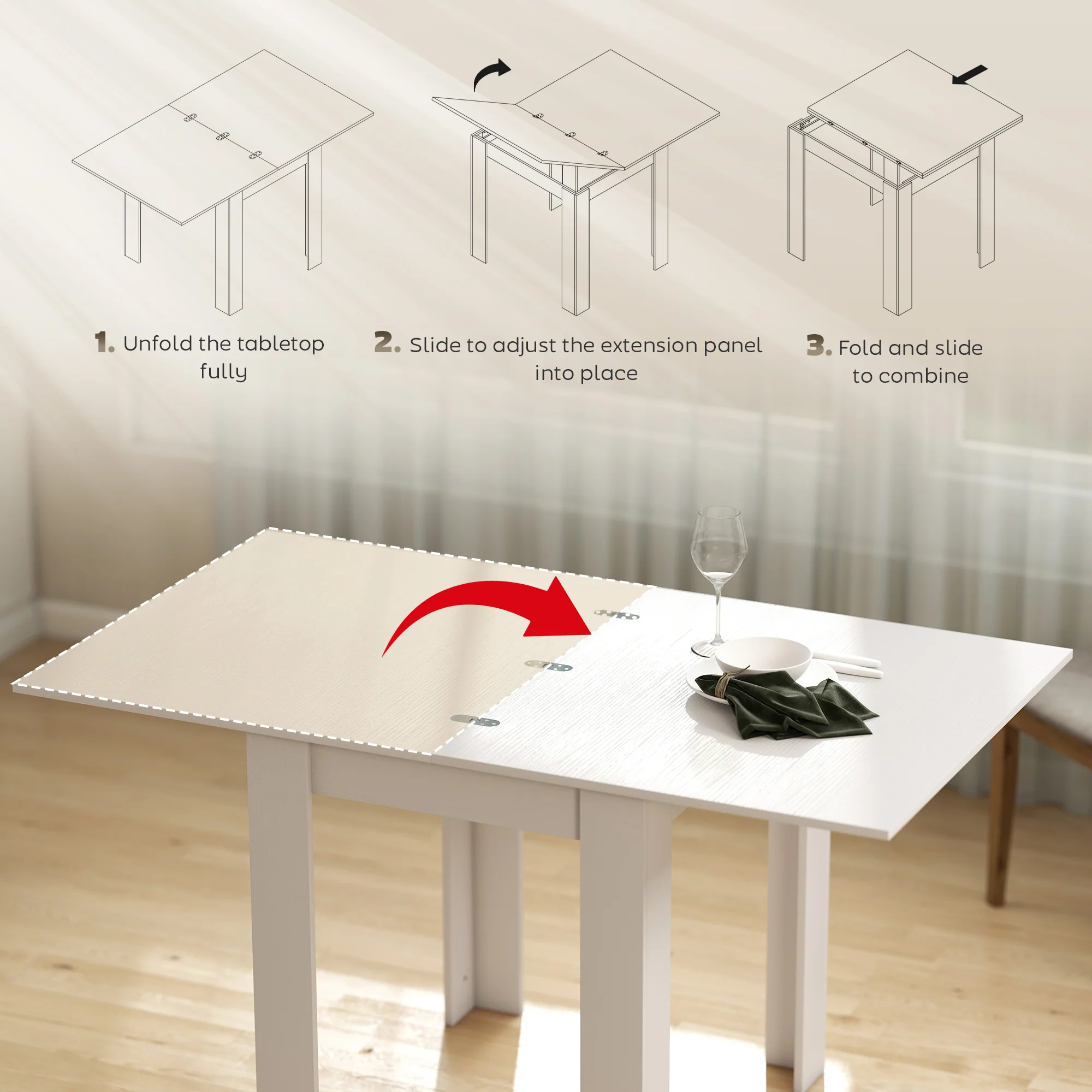 55" Extendable Dining Table for 4-6 Person, Rectangular Modern Kitchen Table with PU Handle and Felt Pads for Small Spaces, White Wood Effect - Image 7
