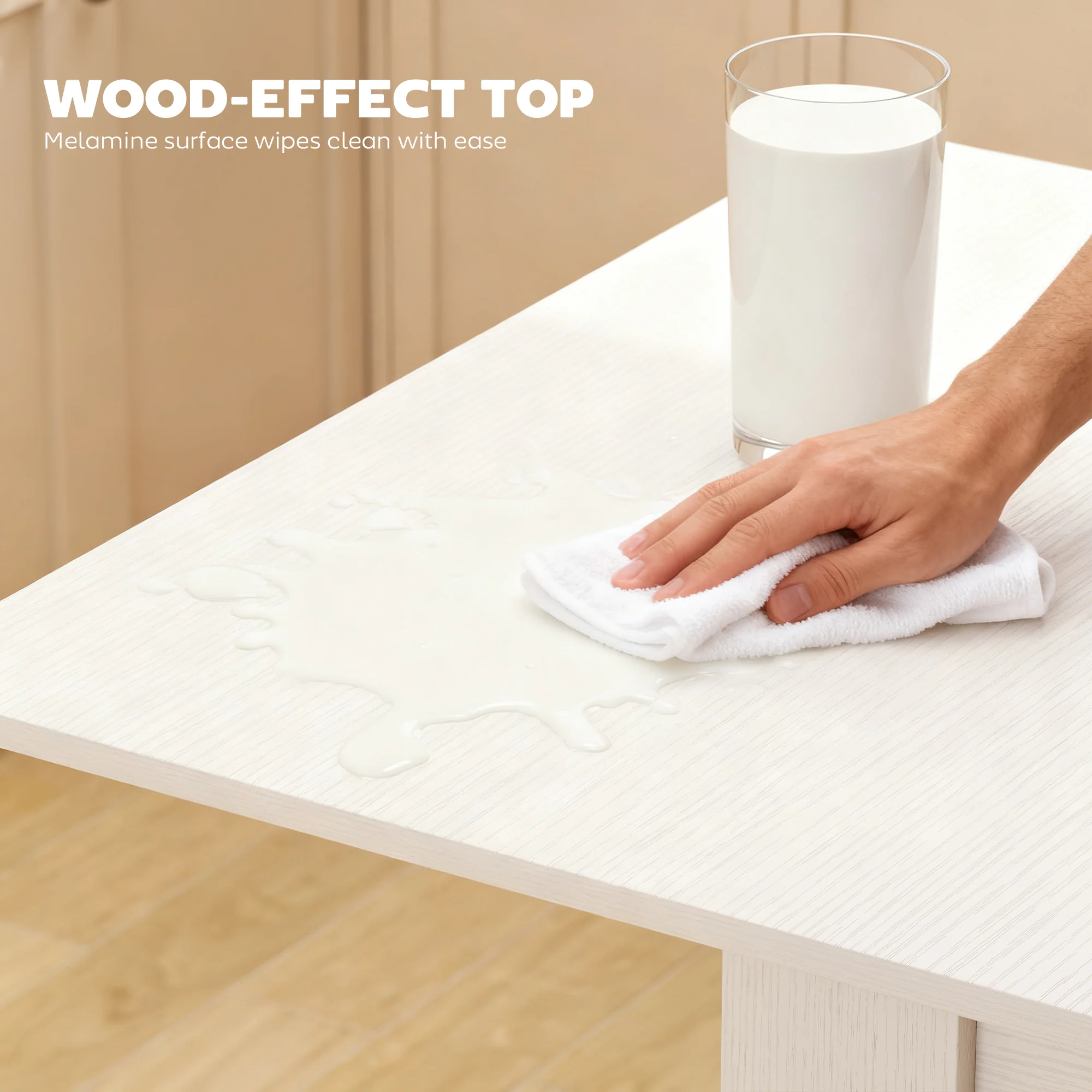 55" Extendable Dining Table for 4-6 Person, Rectangular Modern Kitchen Table with PU Handle and Felt Pads for Small Spaces, White Wood Effect - Image 8