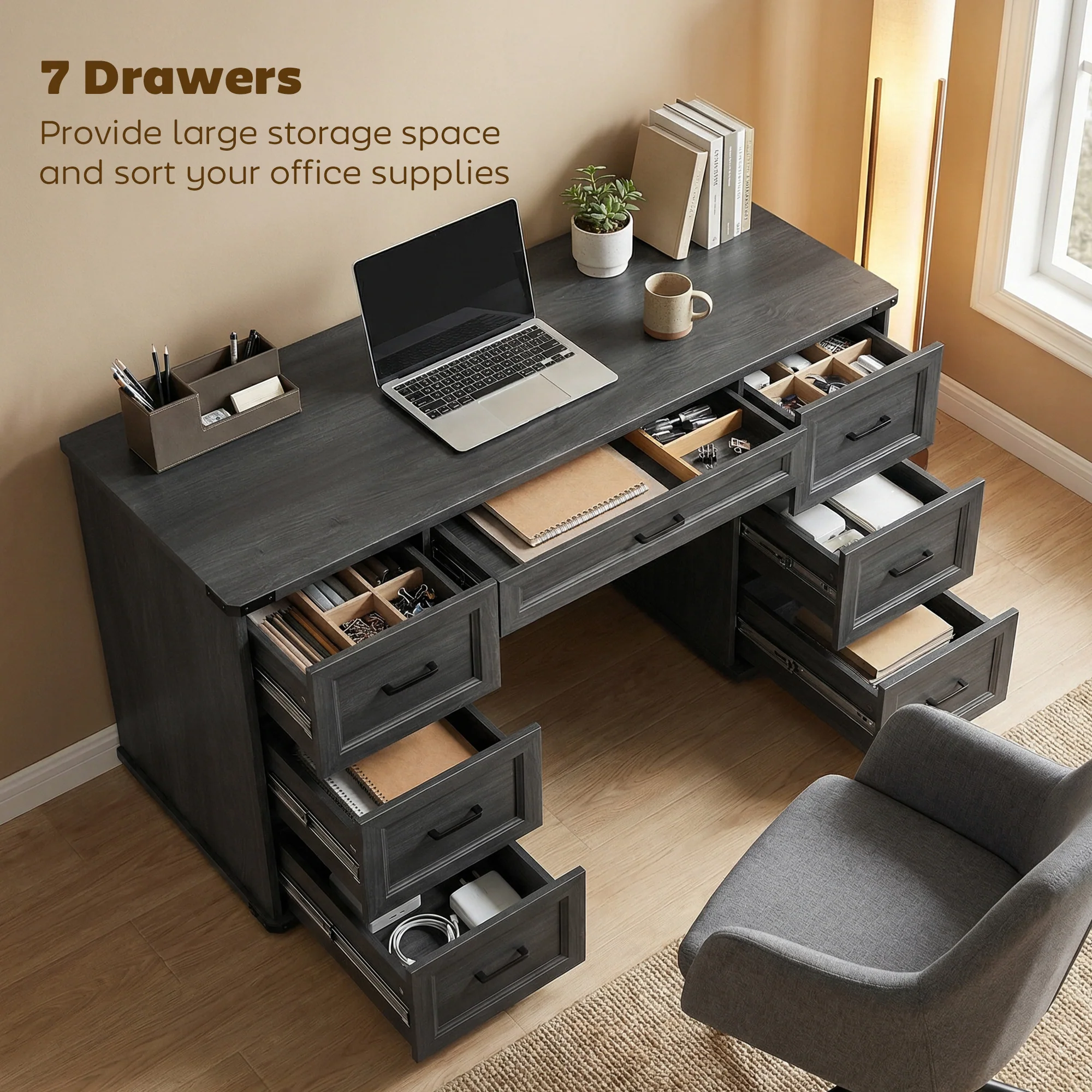 55" Farmhouse Executive Desk, Computer Desk with Drawers, Study Table for Home Office, Bedroom, Black Wood Grain - Image 6
