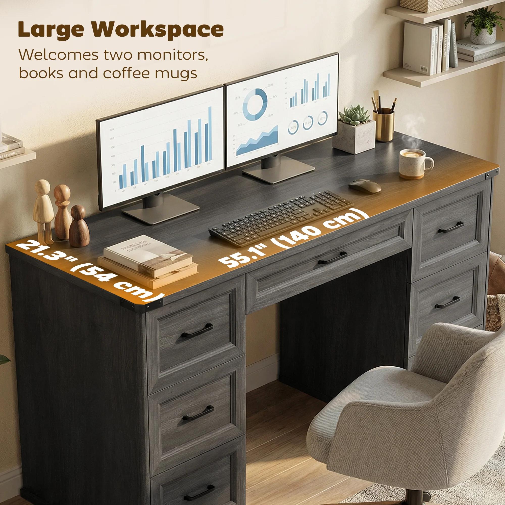 55" Farmhouse Executive Desk, Computer Desk with Drawers, Study Table for Home Office, Bedroom, Black Wood Grain - Image 8