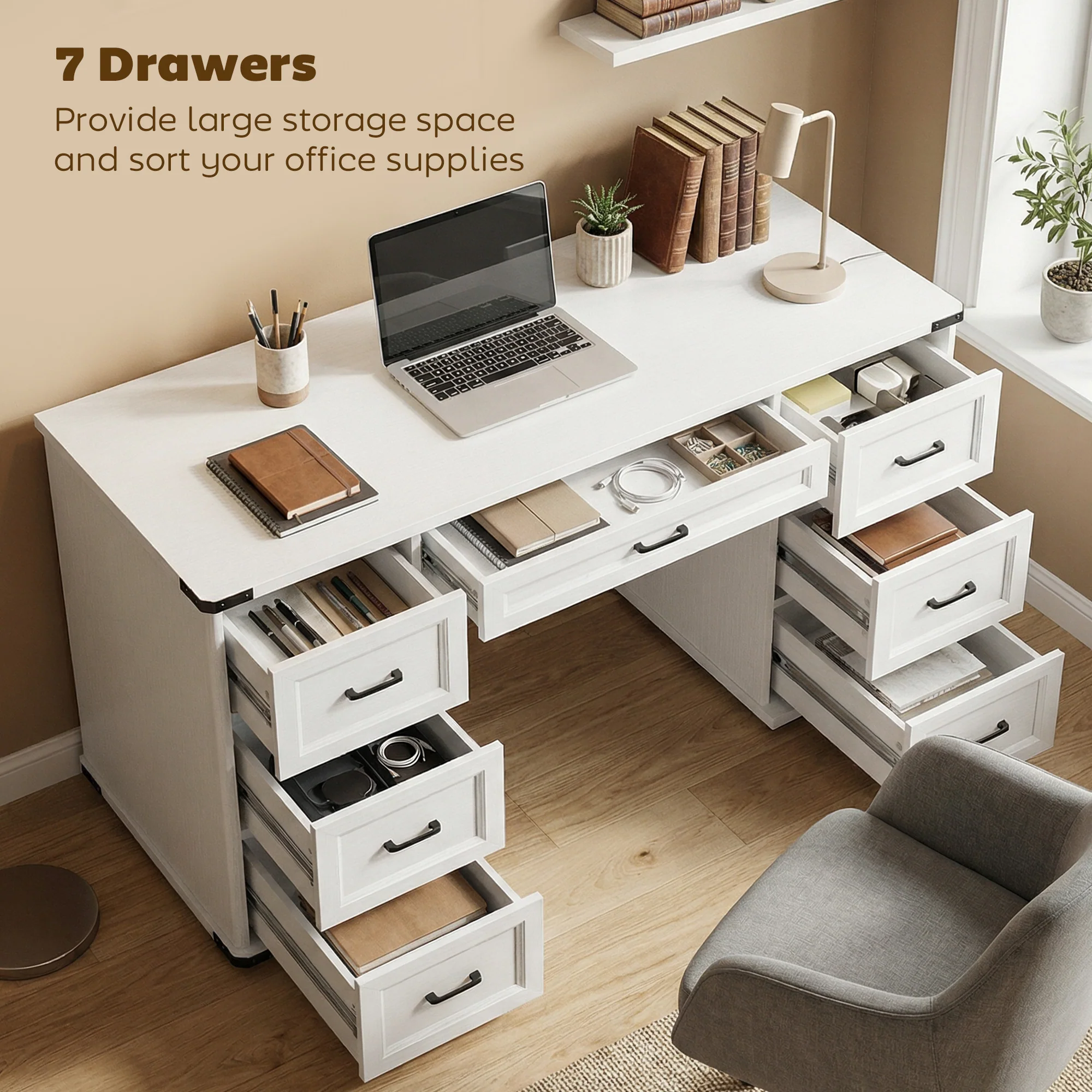 55" Farmhouse Executive Desk, Computer Desk with Drawers, Study Table for Home Office, Bedroom, White Wood Grain - Image 6