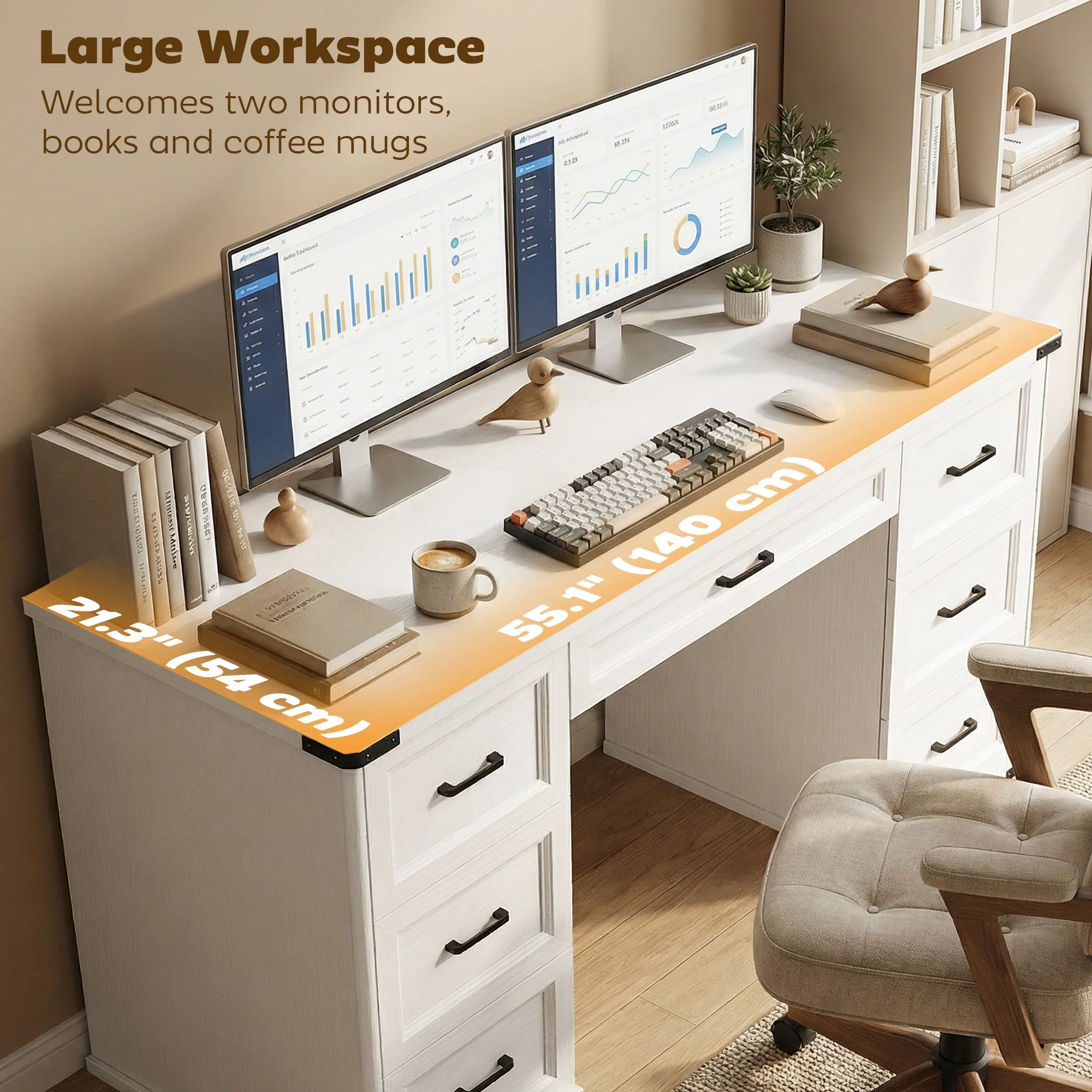 55" Farmhouse Executive Desk, Computer Desk with Drawers, Study Table for Home Office, Bedroom, White Wood Grain - Image 8