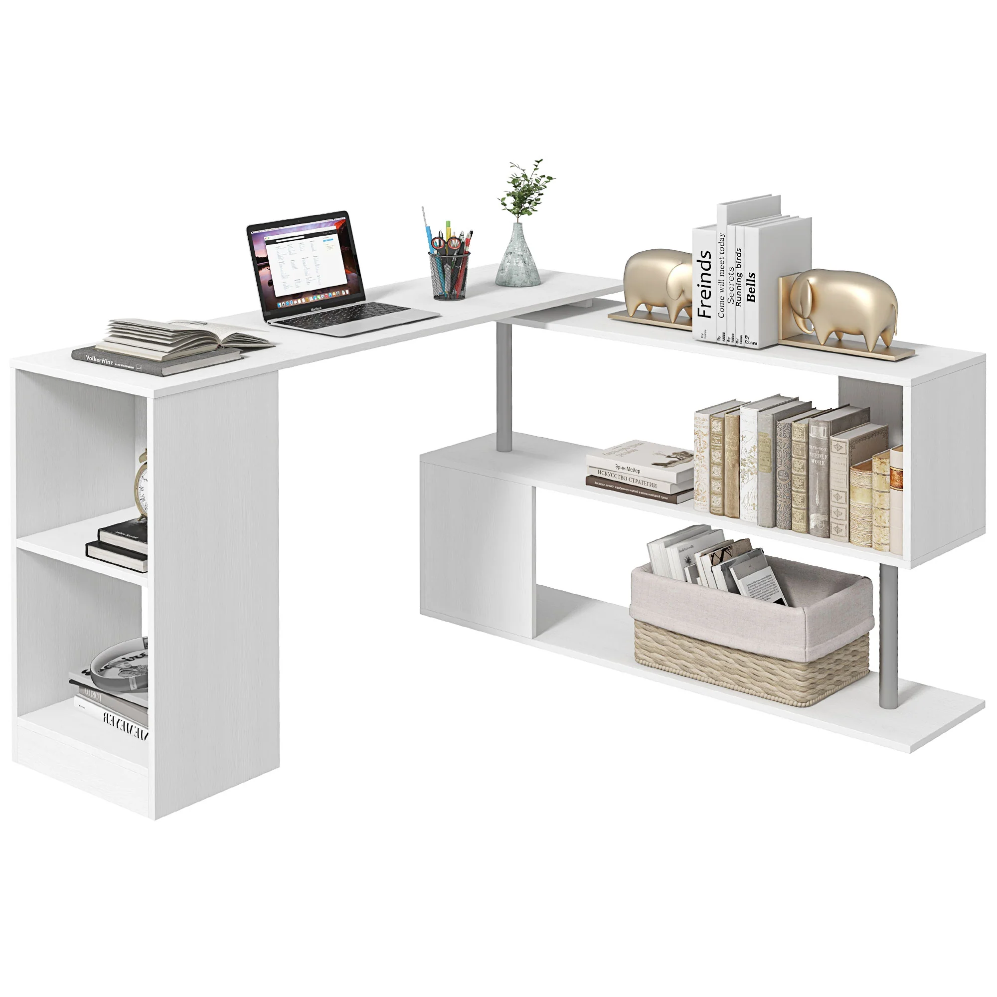 55" L-Shaped Desk, 360° Rotating Corner Computer Desk with 3-Tier Storage Shelves, White