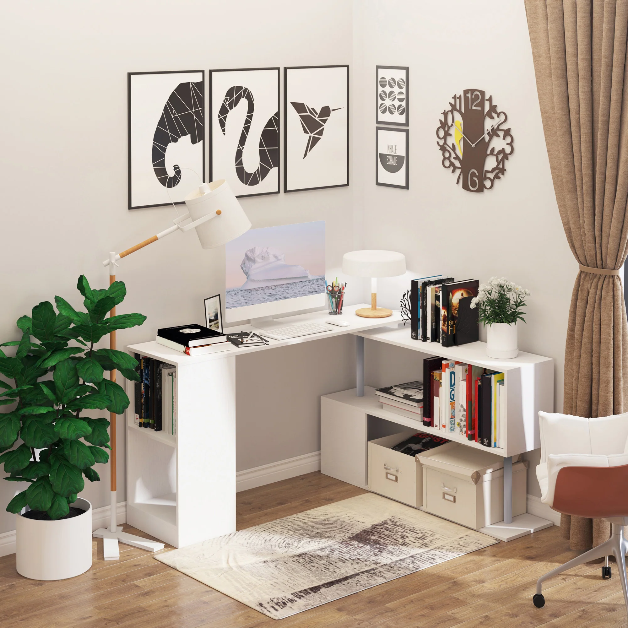 55" L-Shaped Desk, 360° Rotating Corner Computer Desk with 3-Tier Storage Shelves, White - Image 3