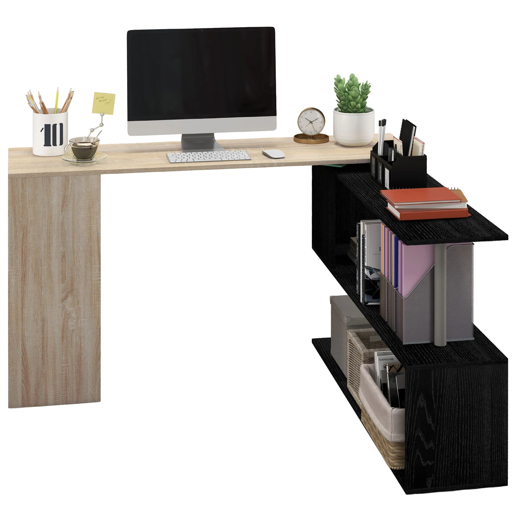55" L-Shaped Desk, 360° Rotating Corner Computer Desk, Reversible Home Office Workstation with 3-Tier Storage Shelves, Bookshelf, Natural Wood - Image 2