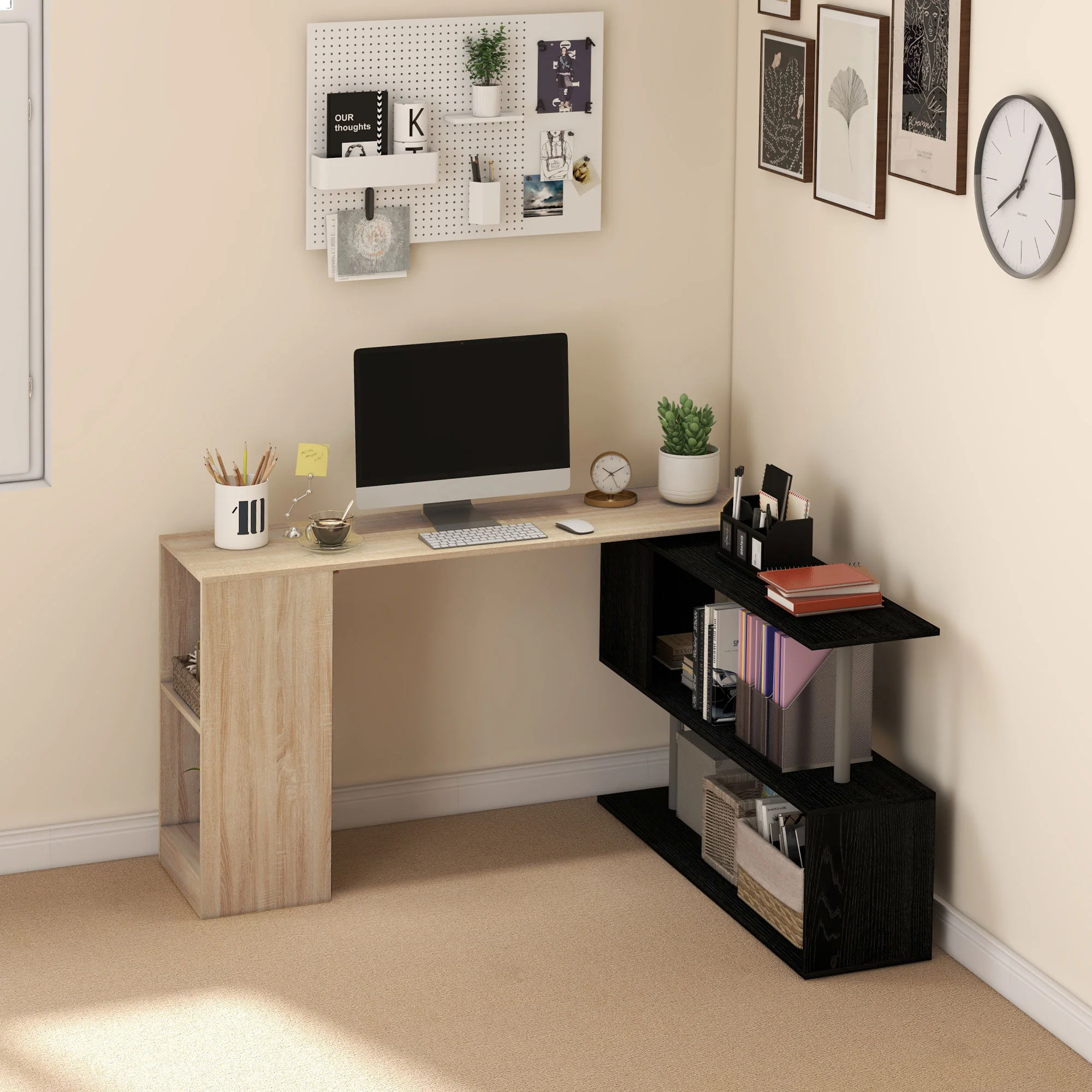 55" L-Shaped Desk, 360° Rotating Corner Computer Desk, Reversible Home Office Workstation with 3-Tier Storage Shelves, Bookshelf, Natural Wood - Image 3