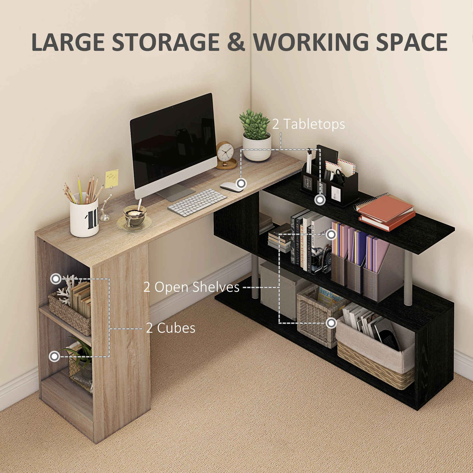 55" L-Shaped Desk, 360° Rotating Corner Computer Desk, Reversible Home Office Workstation with 3-Tier Storage Shelves, Bookshelf, Natural Wood - Image 7
