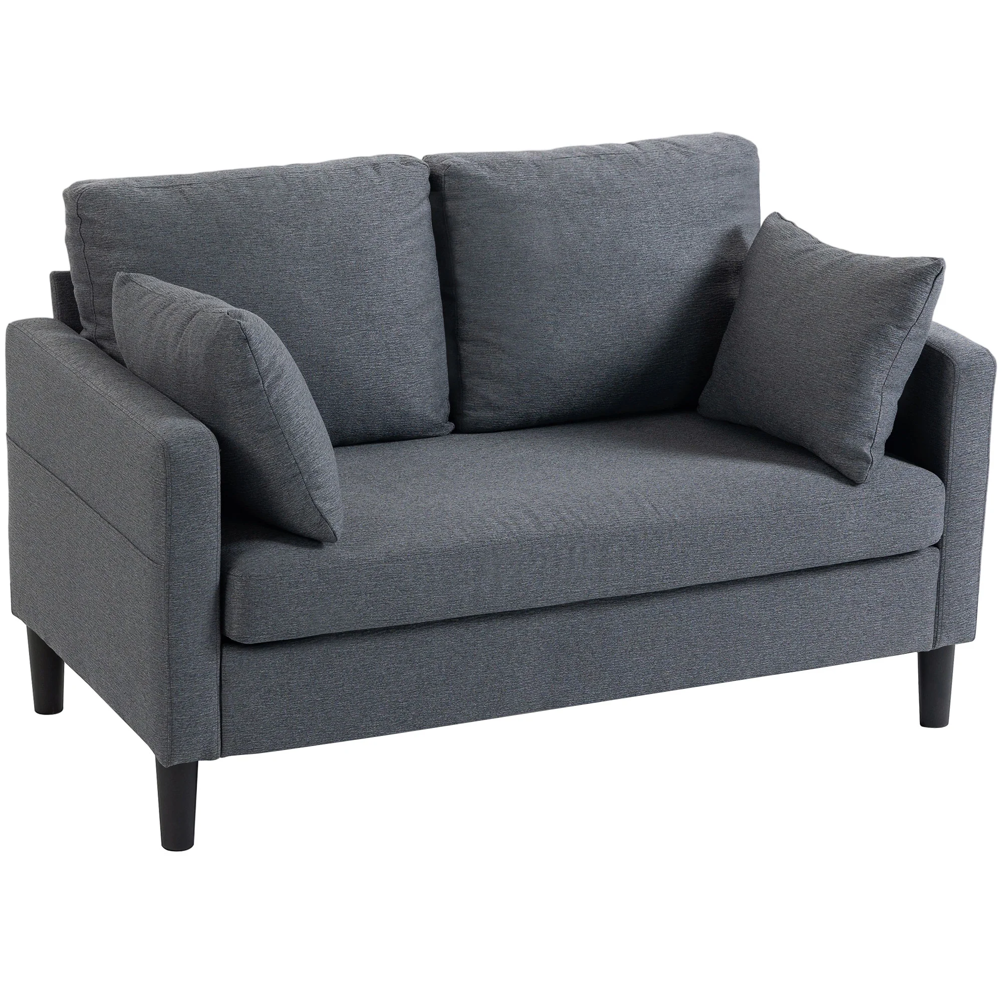 55" Loveseat Sofa, Modern Linen Upholstered Couch with Spring Cushion, 2 Pillows, 2 Seater Sofa for Living Room, Bedroom, Home Office, Dark Grey