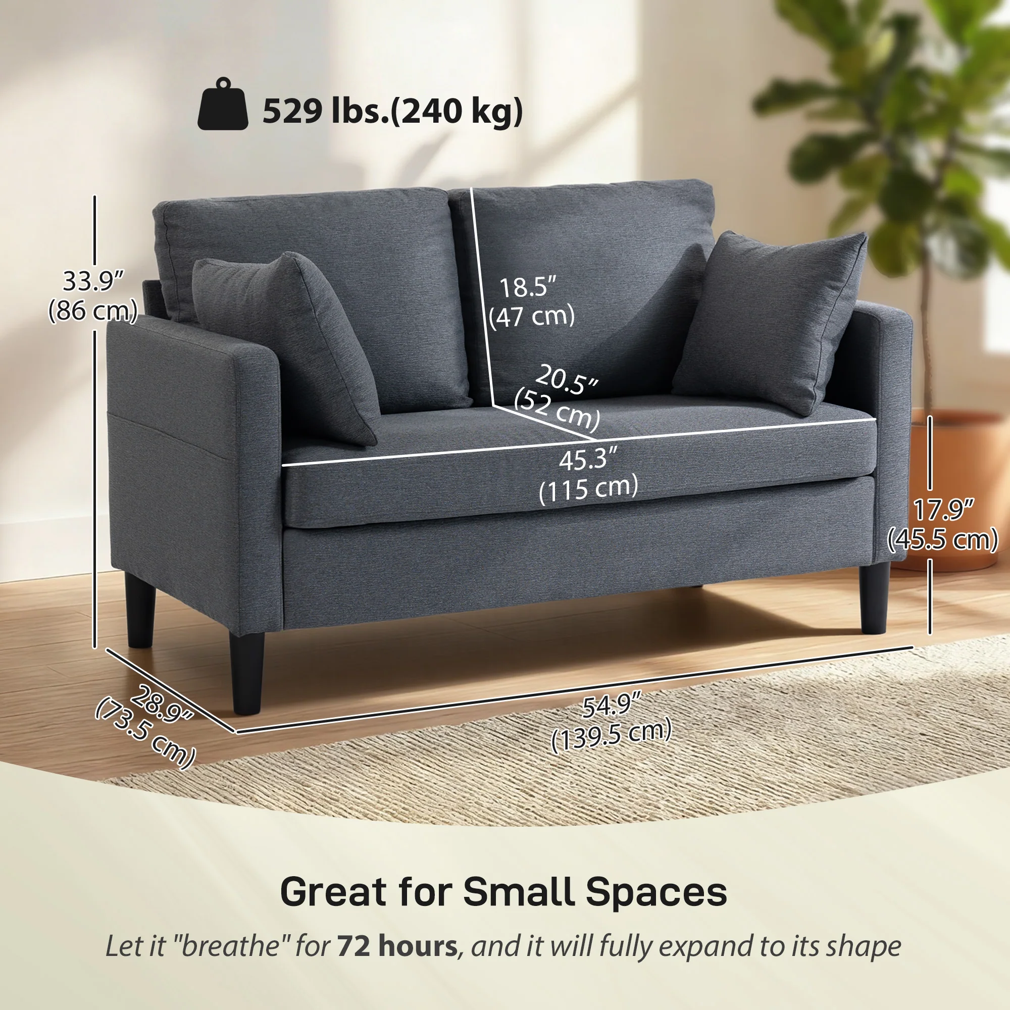 55" Loveseat Sofa, Modern Linen Upholstered Couch with Spring Cushion, 2 Pillows, 2 Seater Sofa for Living Room, Bedroom, Home Office, Dark Grey - Image 5