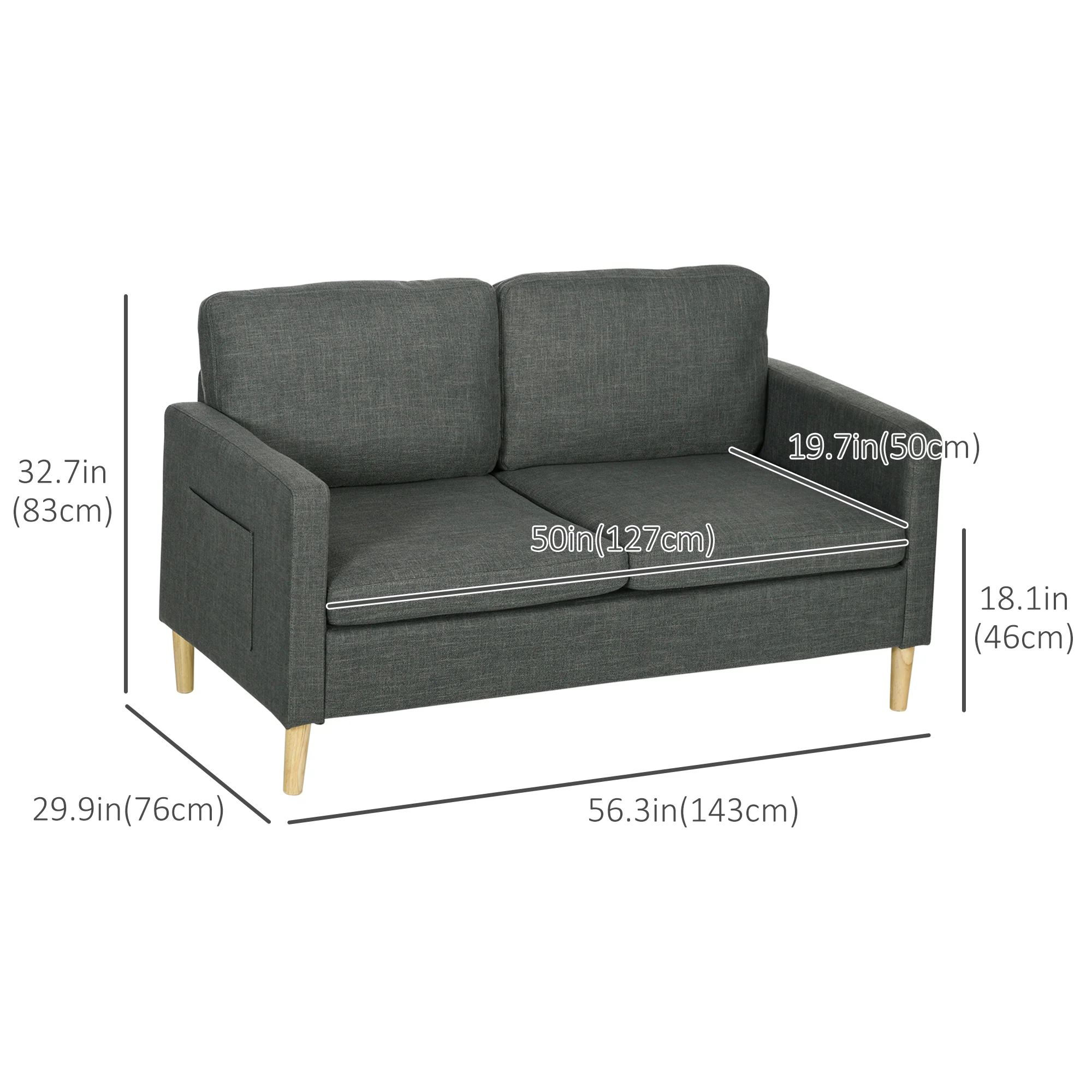 56" Modern Loveseat with Side Pockets & Solid Steel Frame, Grey - Image 5