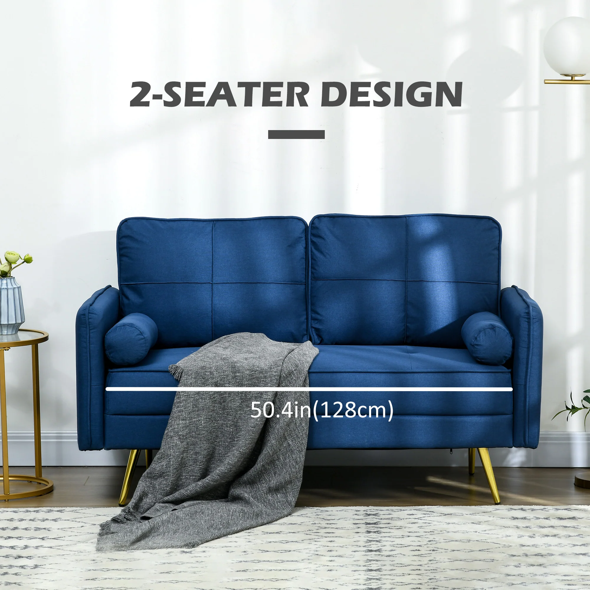 56" Loveseat with Solid Wood Frame Steel Legs Back Cushions, Blue - Image 8