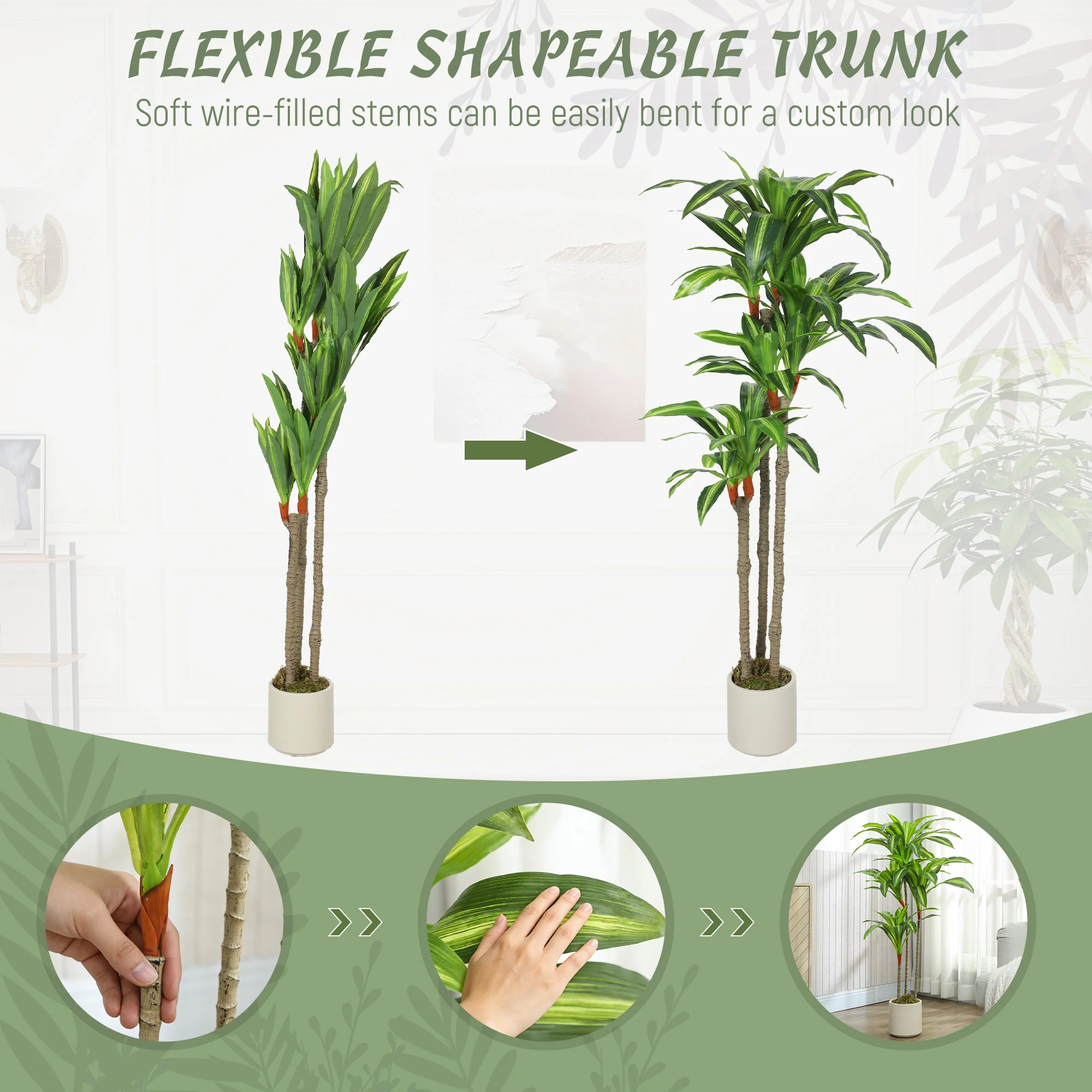 5FT Artificial Dracaena Tree, Lifelike Dracaena Fake Plant with Bendable Trunks and White Planter for Living Room Bedroom Home Office Decor, Green - Image 8
