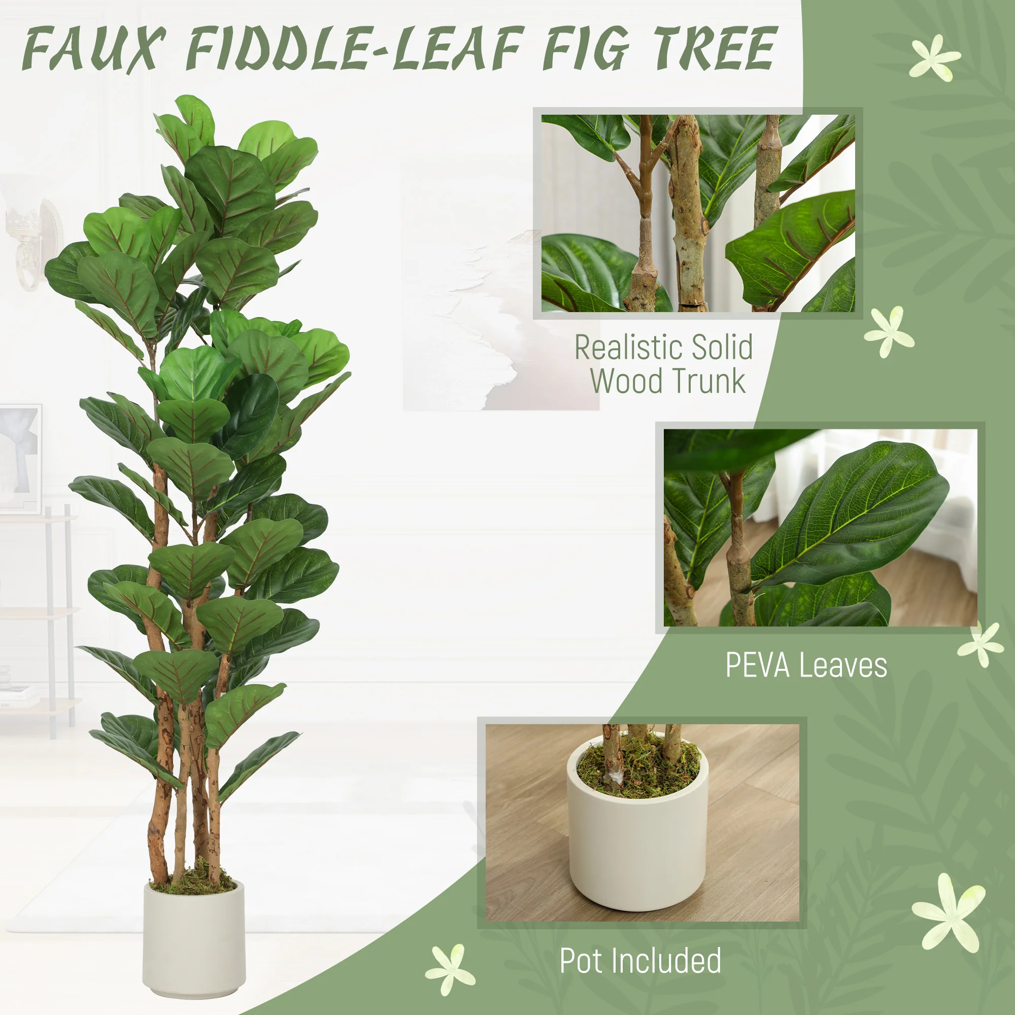 5FT Artificial Fiddle Leaf Fig Tree Set of 2 with Solid Wood Trunks, Lifelike Fake Tree with 71 Leaves in Pot for Indoor Living Room Office Home Decor, Green - Image 6