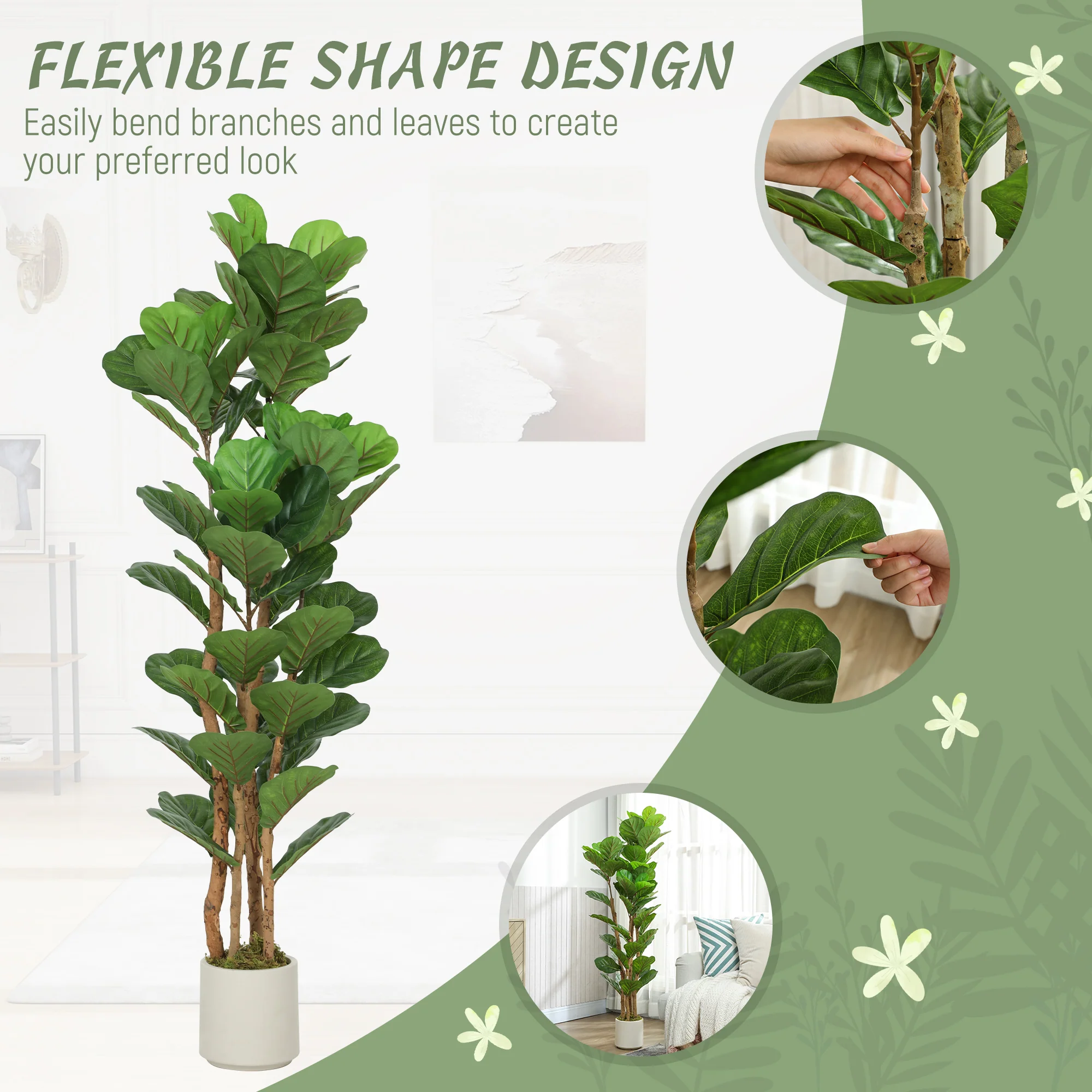 5FT Artificial Fiddle Leaf Fig Tree Set of 2 with Solid Wood Trunks, Lifelike Fake Tree with 71 Leaves in Pot for Indoor Living Room Office Home Decor, Green - Image 8