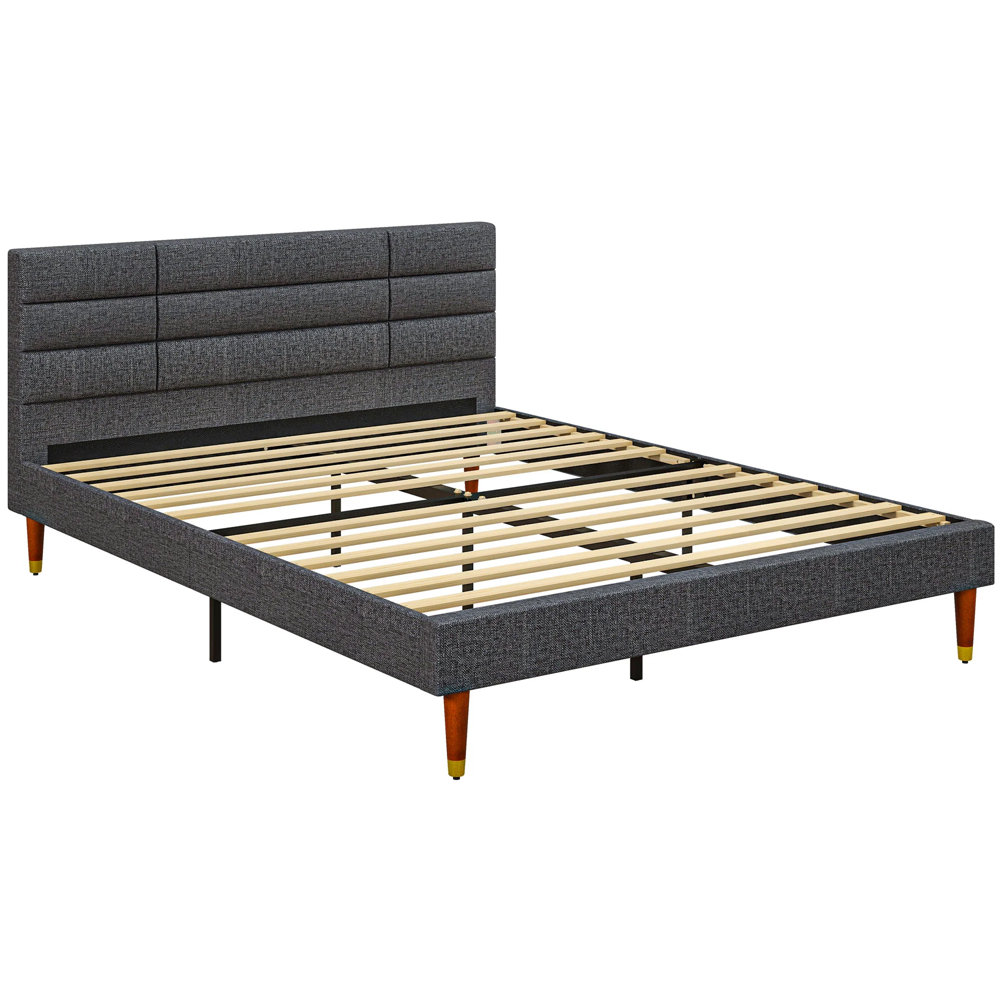 5ft King Bed Frame with Underbed Storage, Grid Tufted Headboard & Wood Slat Support, Grey