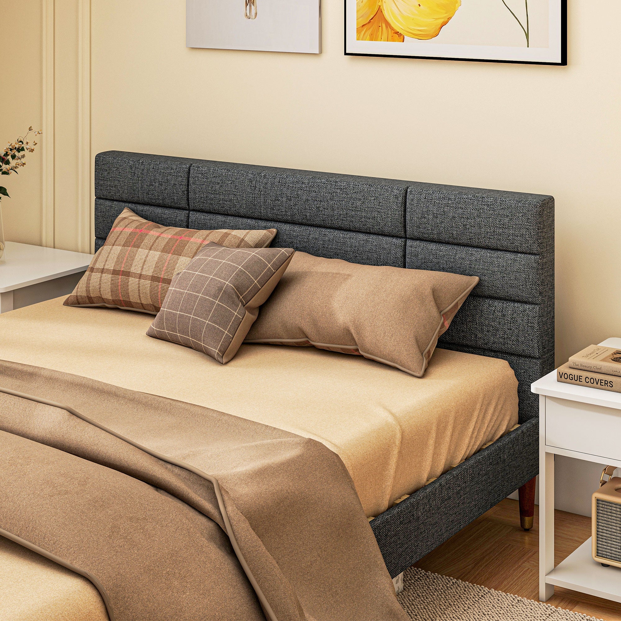 5ft King Bed Frame with Underbed Storage, Grid Tufted Headboard & Wood Slat Support, Grey - Image 10