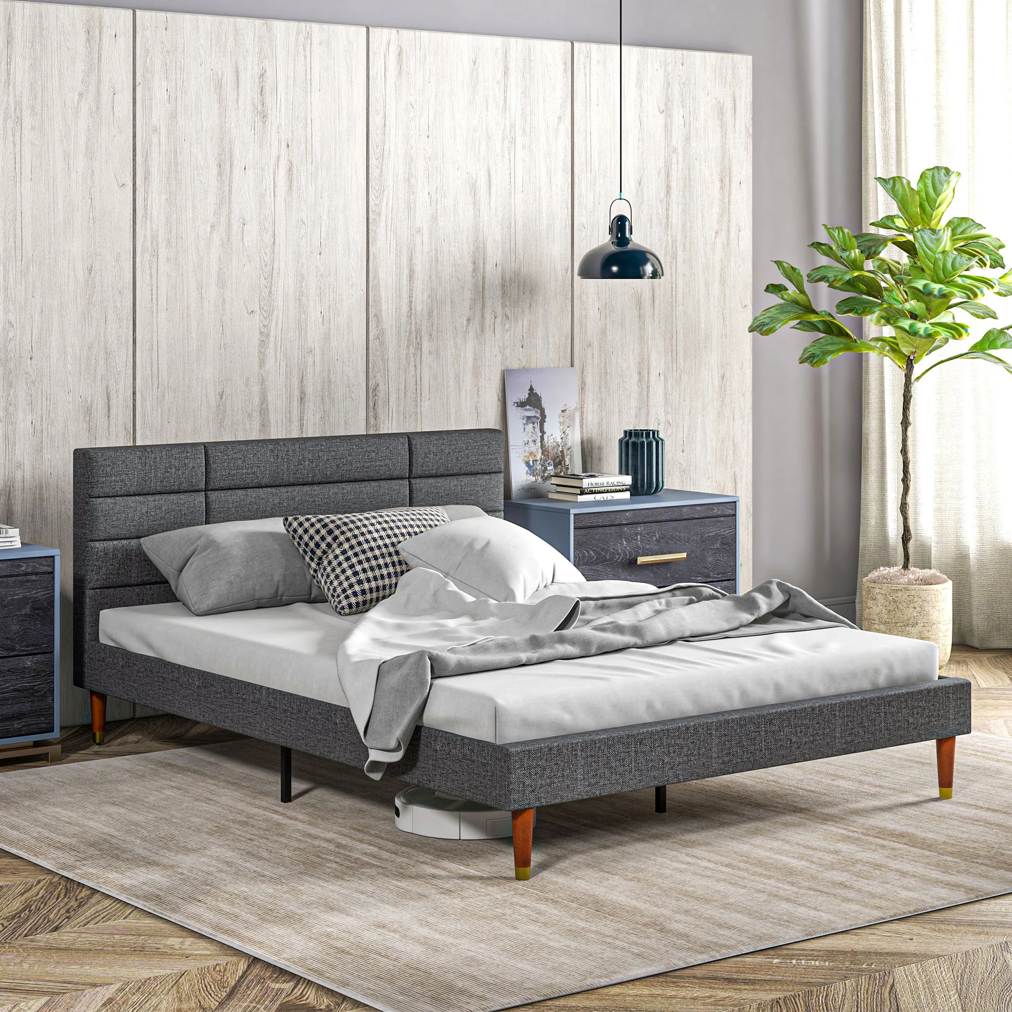 5ft King Bed Frame with Underbed Storage, Grid Tufted Headboard & Wood Slat Support, Grey - Image 11