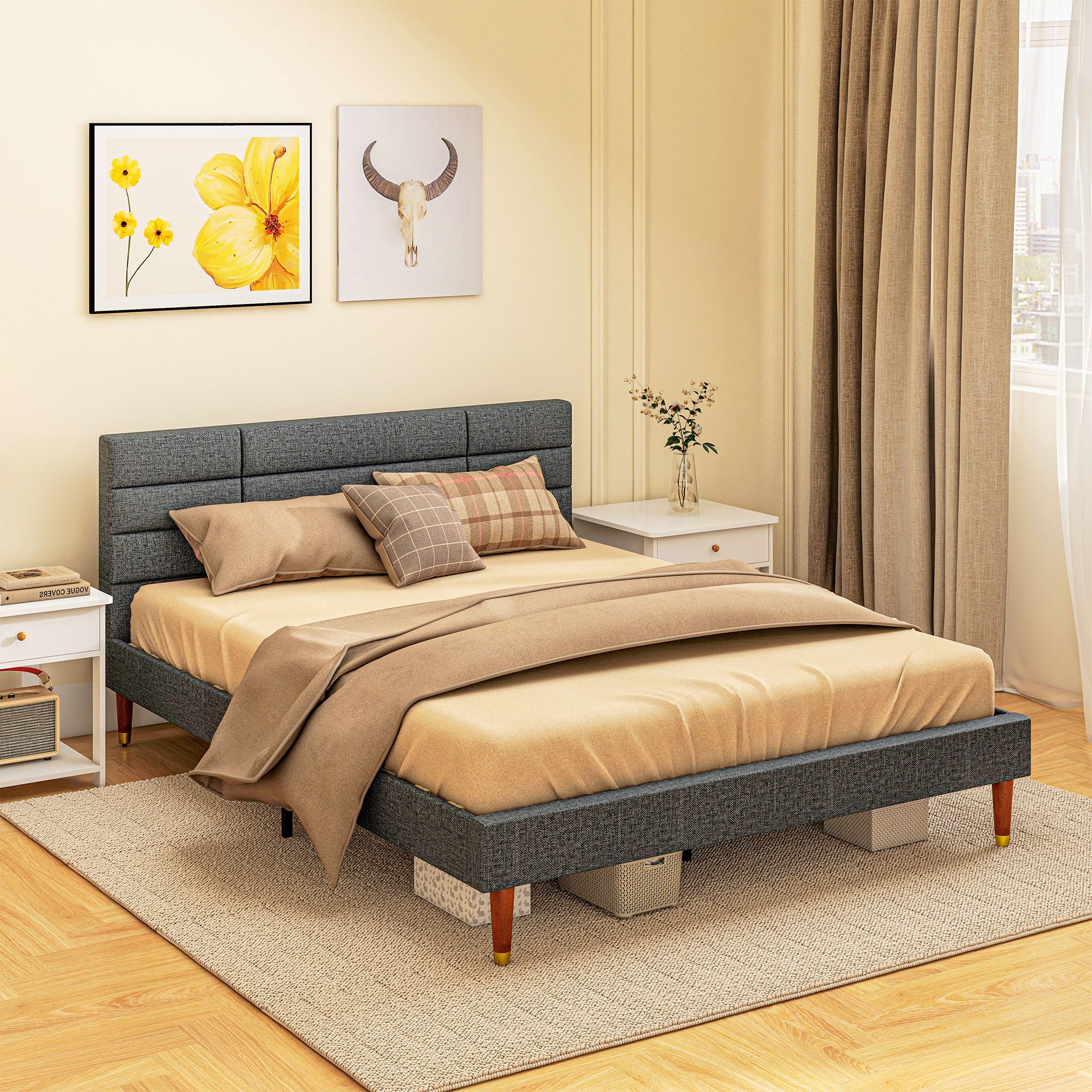 5ft King Bed Frame with Underbed Storage, Grid Tufted Headboard & Wood Slat Support, Grey - Image 3