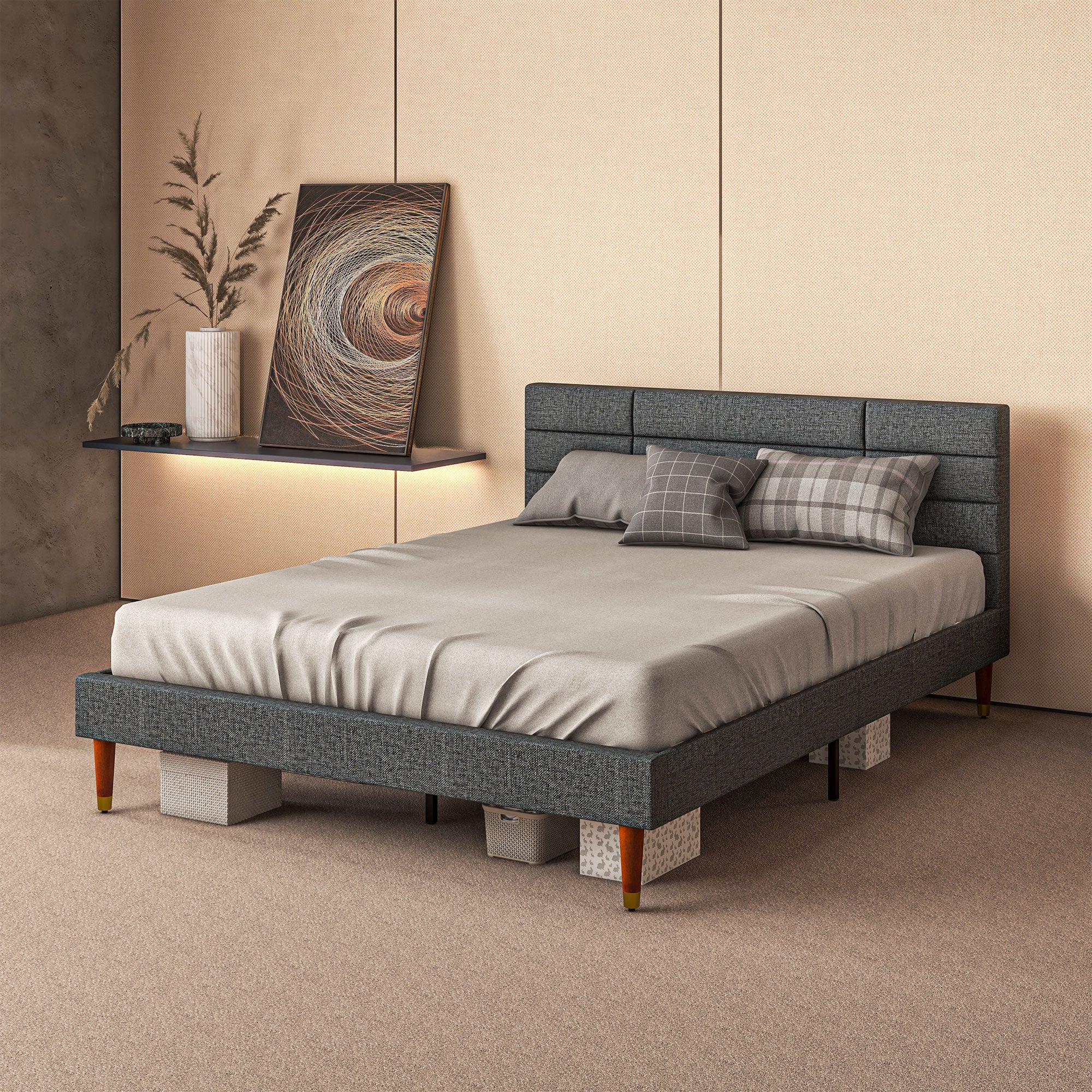 5ft King Bed Frame with Underbed Storage, Grid Tufted Headboard & Wood Slat Support, Grey - Image 4