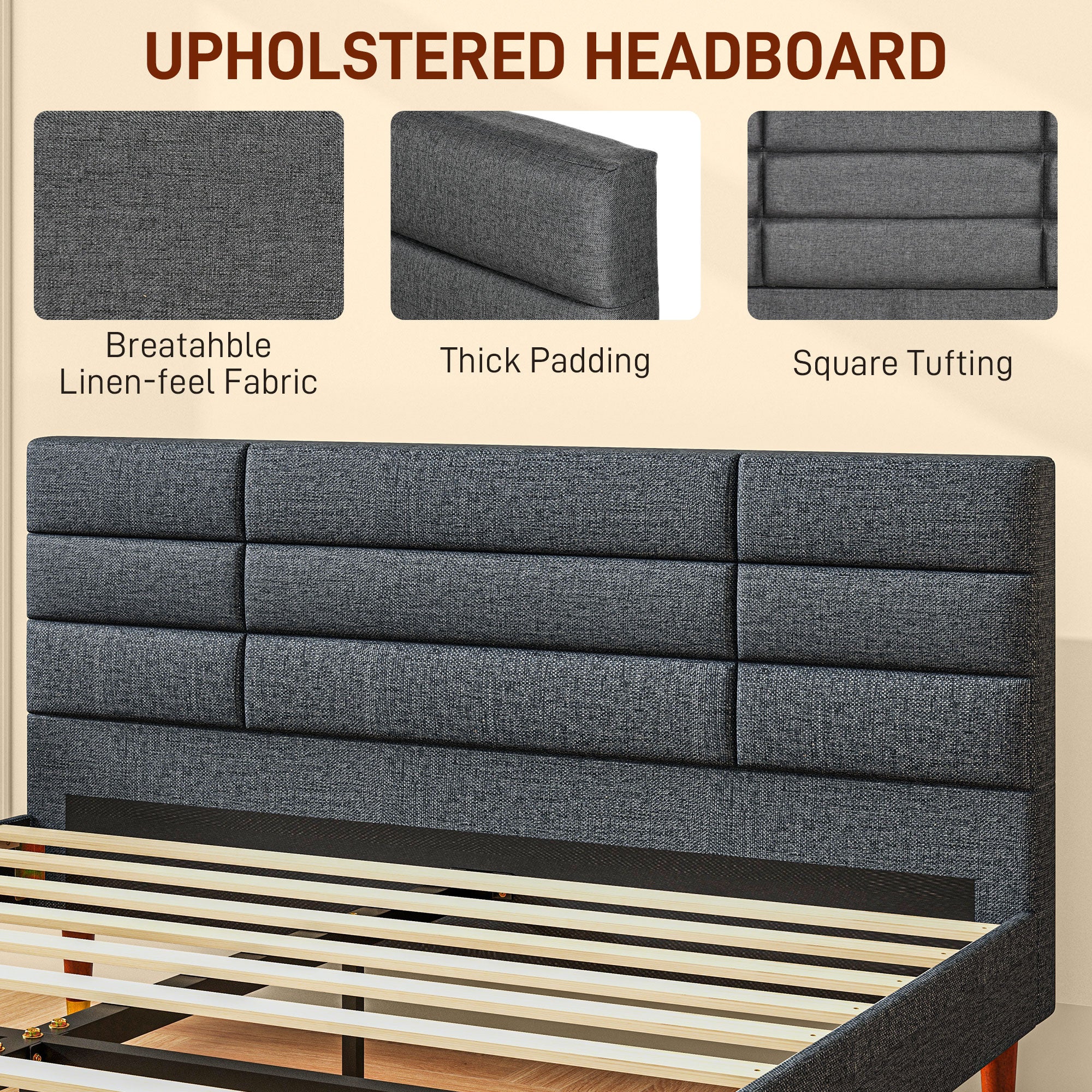 5ft King Bed Frame with Underbed Storage, Grid Tufted Headboard & Wood Slat Support, Grey - Image 6