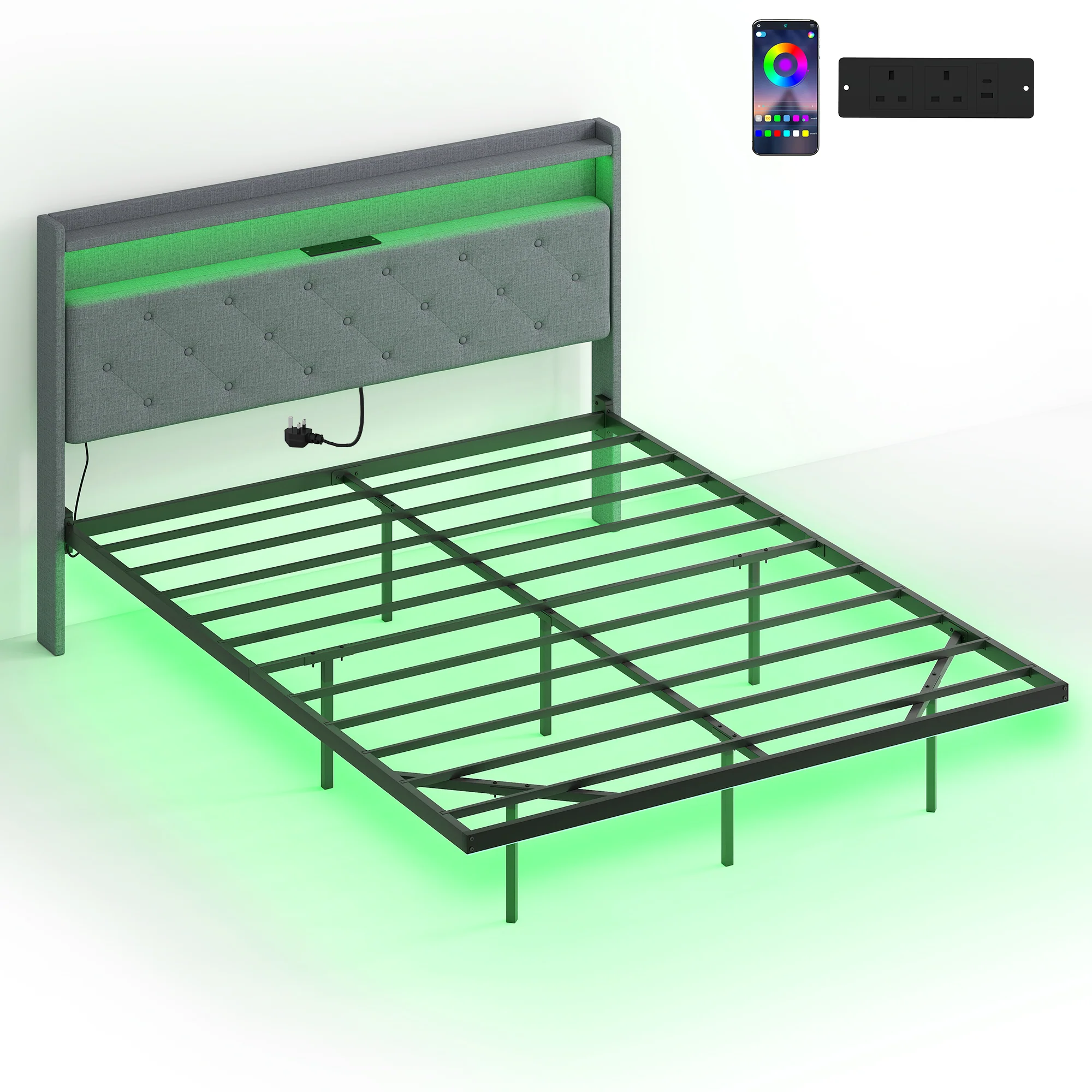 5ft King Size Bed Frame with Music Sync RGB LED Lights and Charging Station, Grey - Image 2