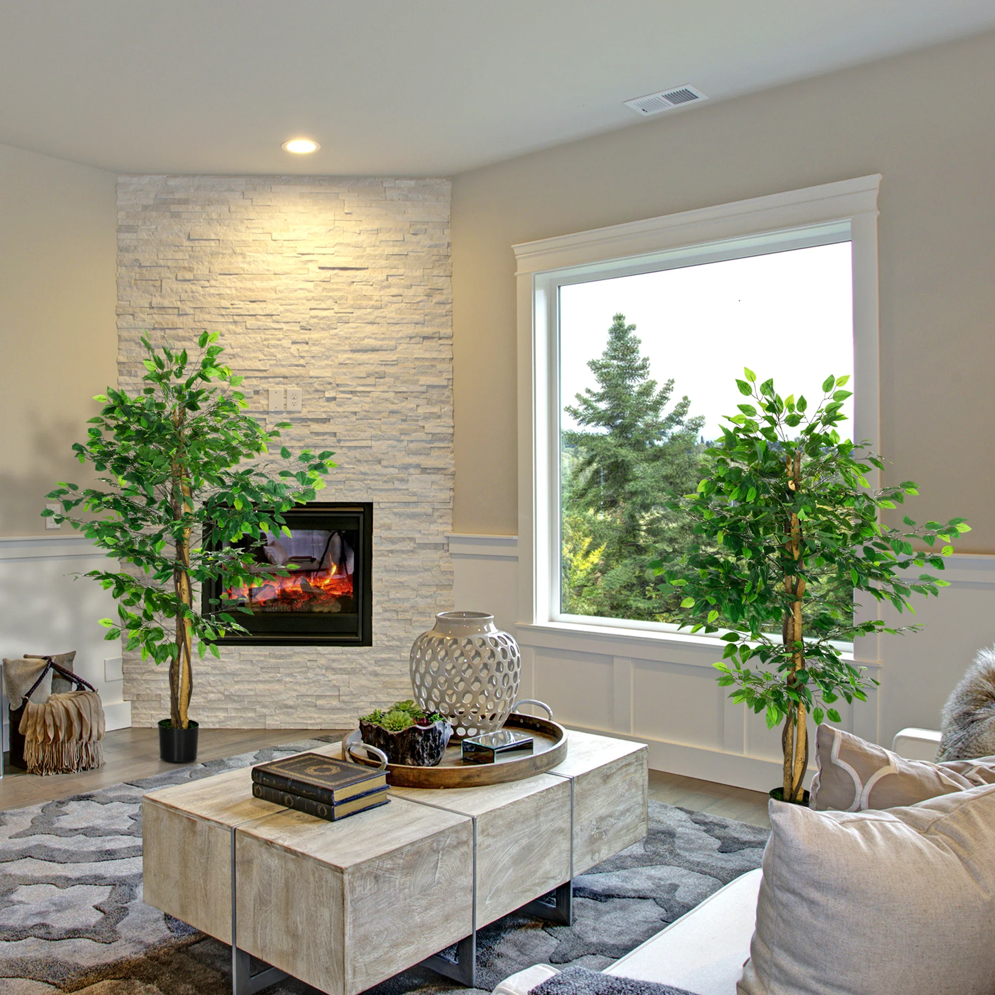 5ft Faux Ficus Plant Set of 2, Indoor Fake Plants with Pot for Home Office Living Room - Image 6