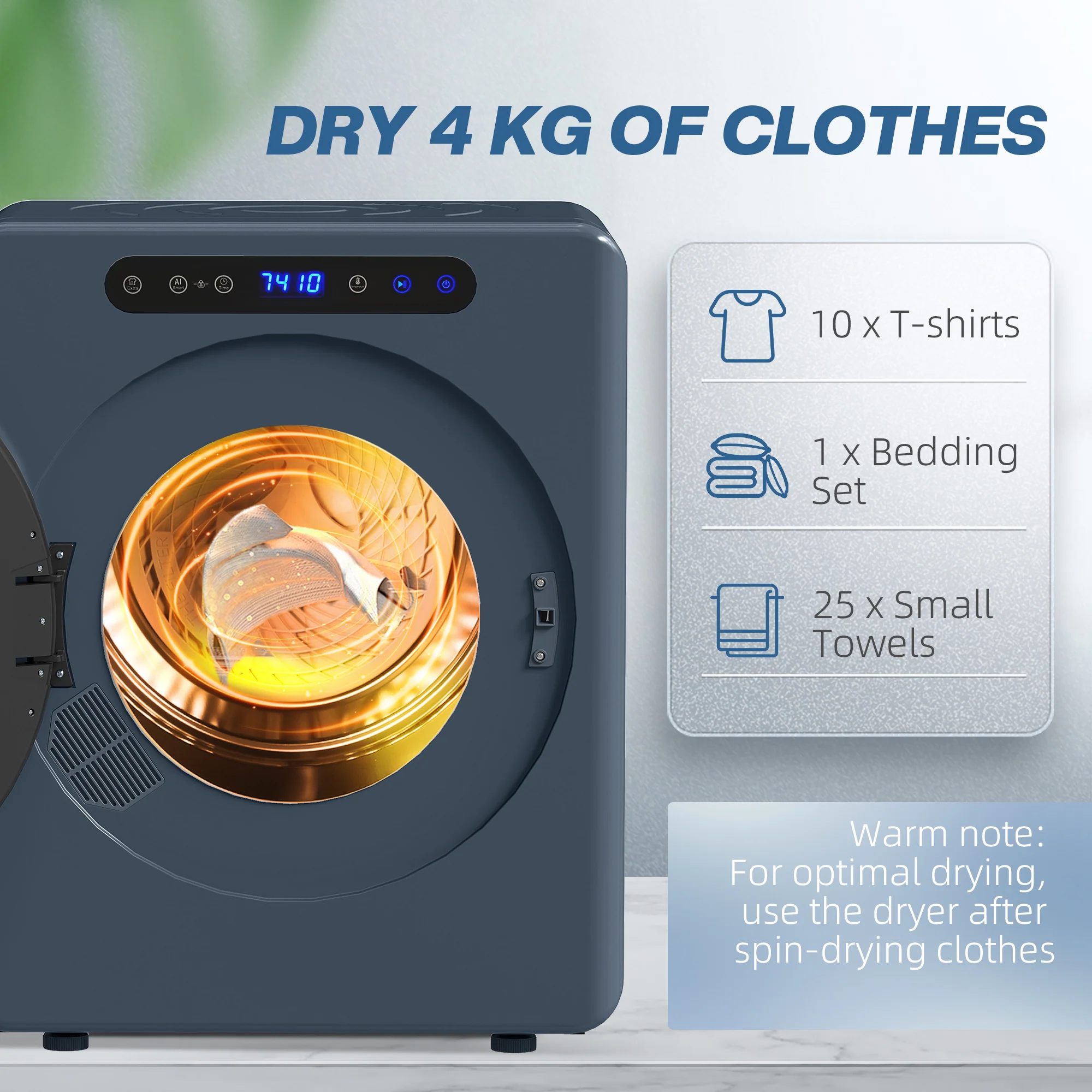 5kg Vented Tumble Dryer, 1000W Compact Freestanding Front Tumble Dryer with Stainless Steel Tub, Timer, 6 Heat Settings, Small Portable Clothes Drying Machine, Blue - Image 7