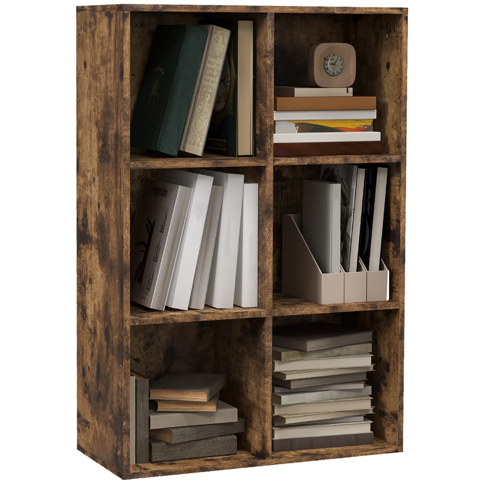 6-Cube Bookcase, Storage Display Shelves for for Study Room, Living Room, Rustic Brown
