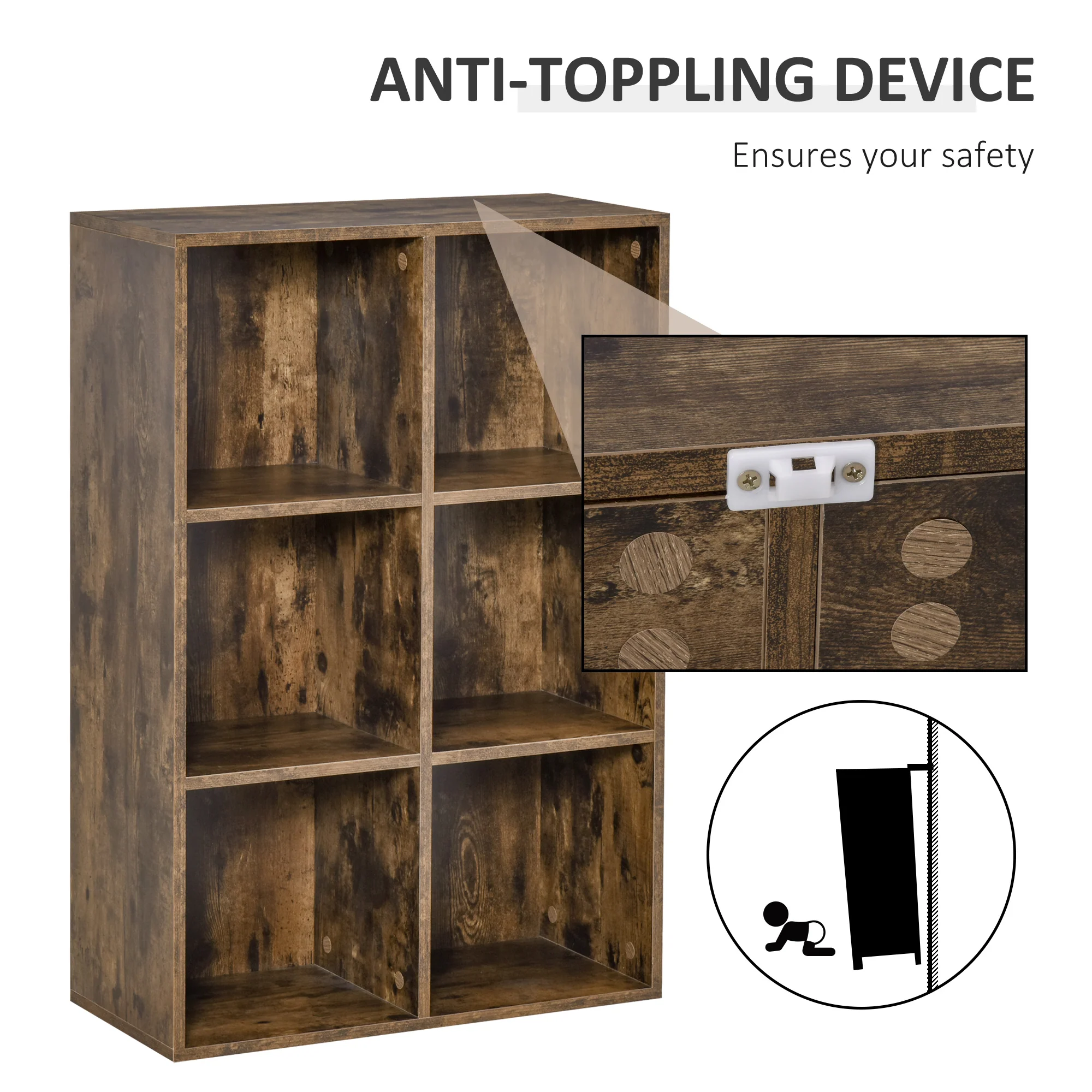 6-Cube Bookcase, Storage Display Shelves for for Study Room, Living Room, Rustic Brown - Image 6