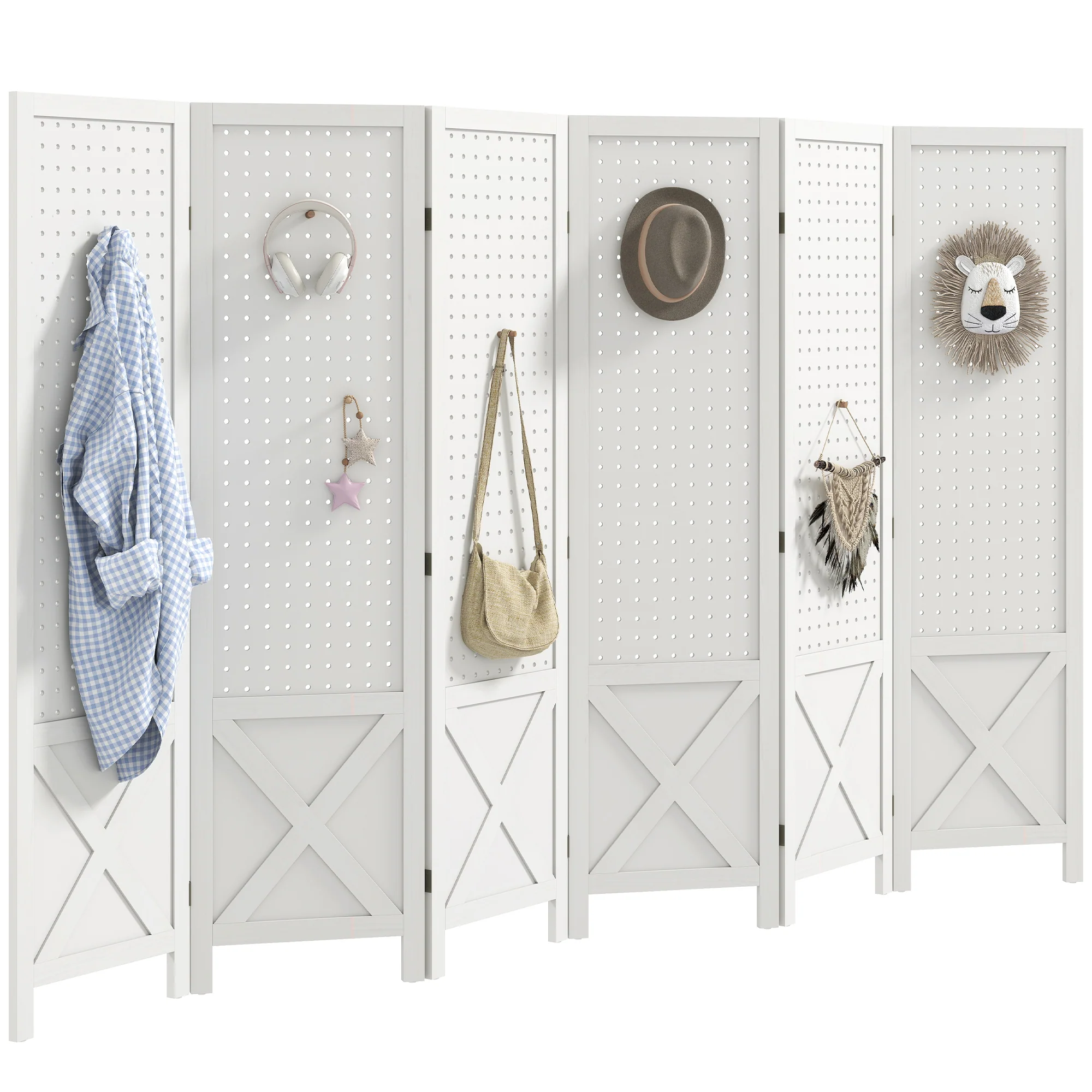6 Panel Pegboard Display Room Divider, 56.9" Tall Wood Indoor Portable Folding Privacy Screen, Partition Wall Divider for Bedroom, White - Image 2
