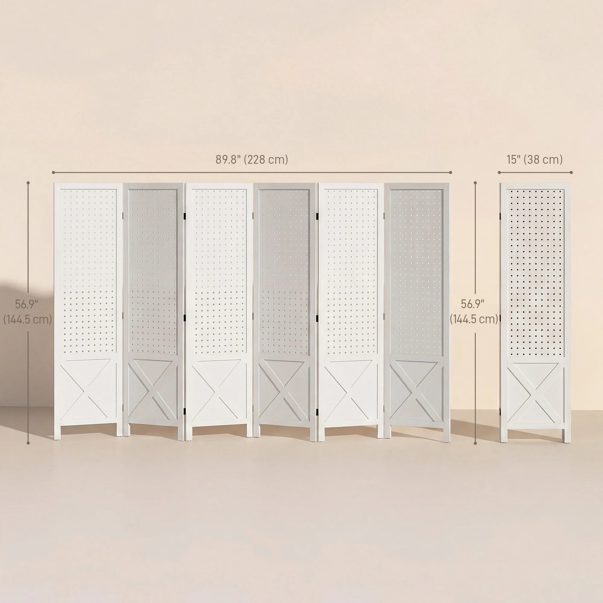 6 Panel Pegboard Display Room Divider, 56.9" Tall Wood Indoor Portable Folding Privacy Screen, Partition Wall Divider for Bedroom, White - Image 5