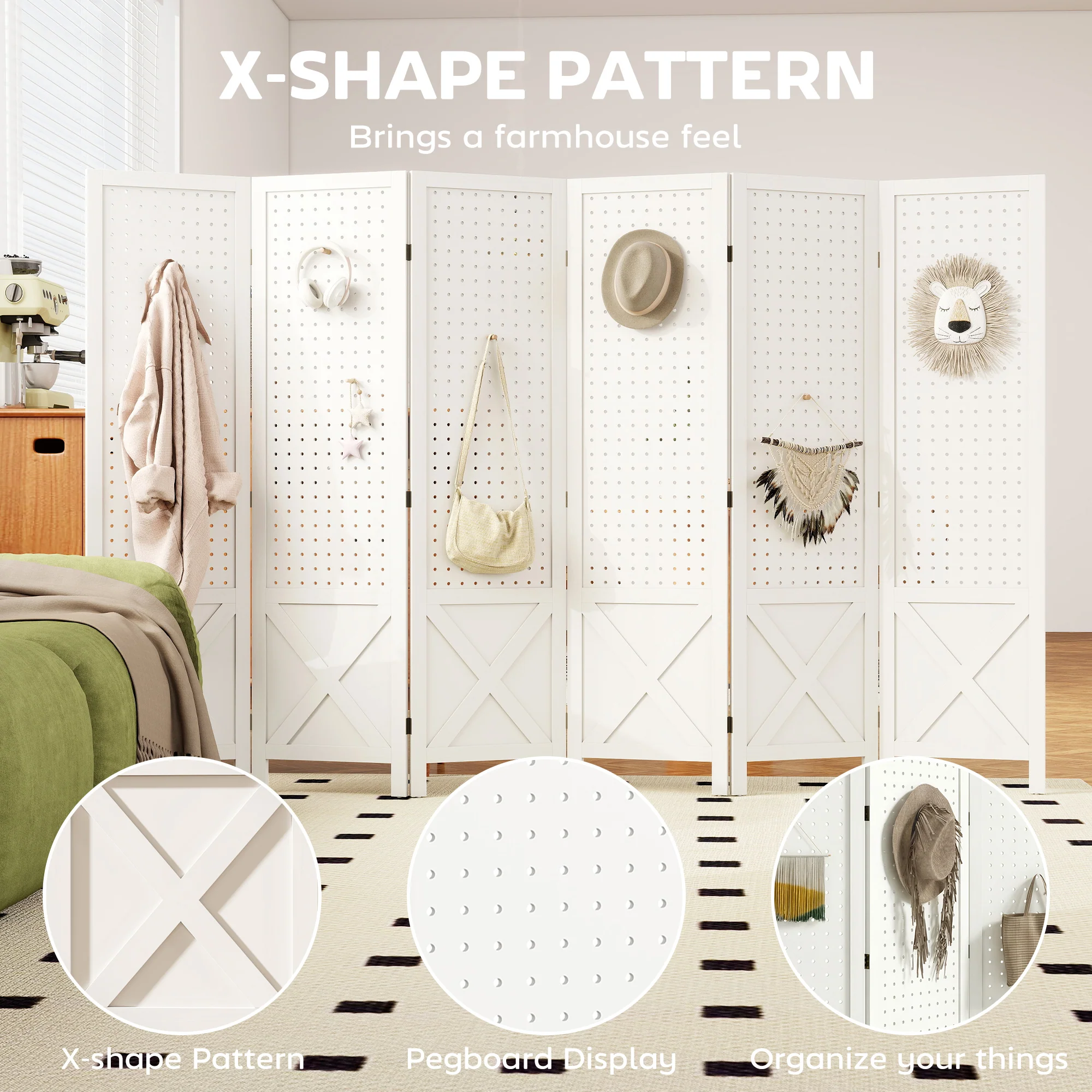 6 Panel Pegboard Display Room Divider, 56.9" Tall Wood Indoor Portable Folding Privacy Screen, Partition Wall Divider for Bedroom, White - Image 6