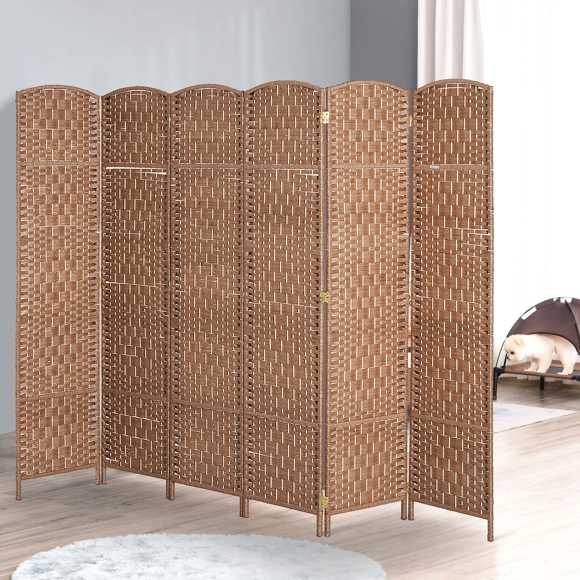 6 Panels Folding Room Divider, 6' Tall Portable Privacy Screen w/ Handwoven Deisgn, Natural - Image 10