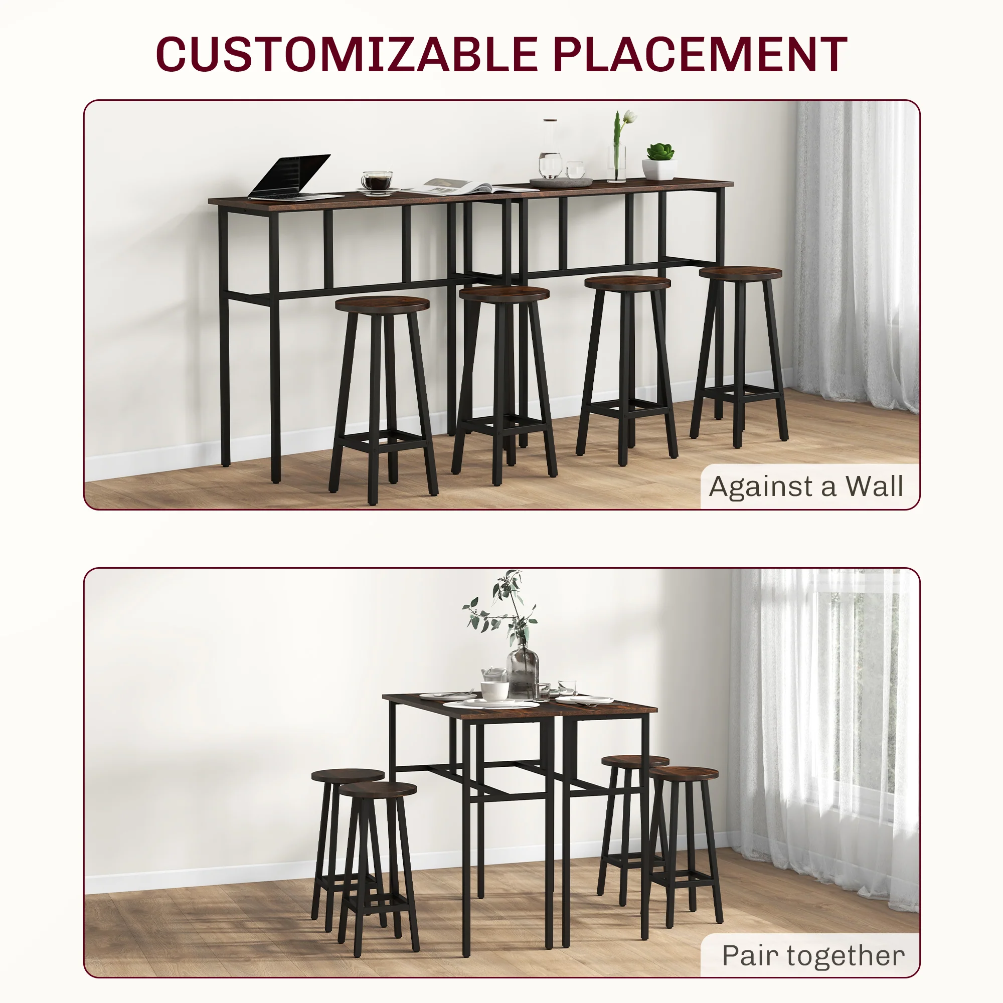 6-Piece Bar Table Set with 2 Counter Height Dining Tables & 4 Bar Stools, Rustic Brown - Image 8
