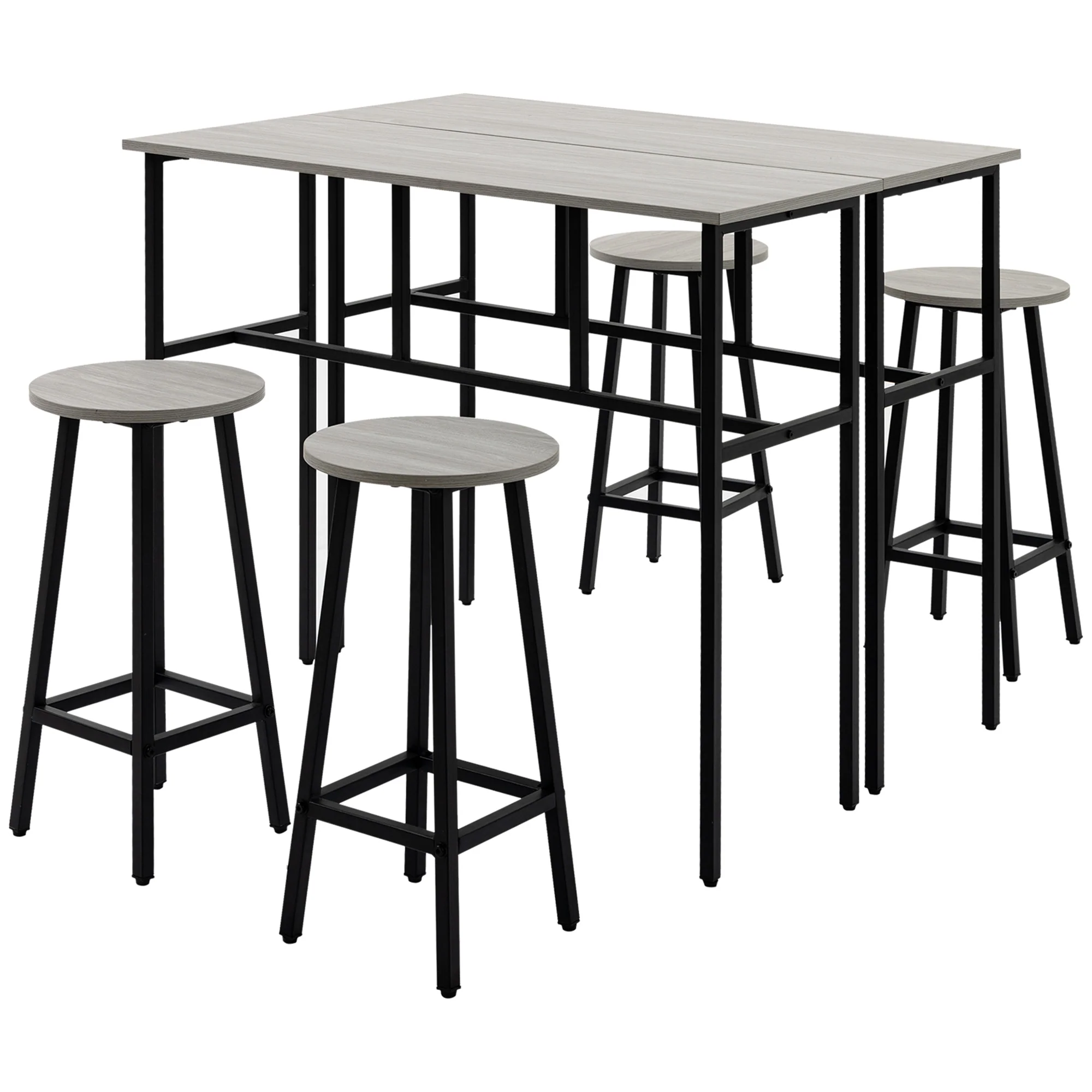 6-Piece Bar Table Set with 2 Tables & 4 Stools, Grey - Image 2