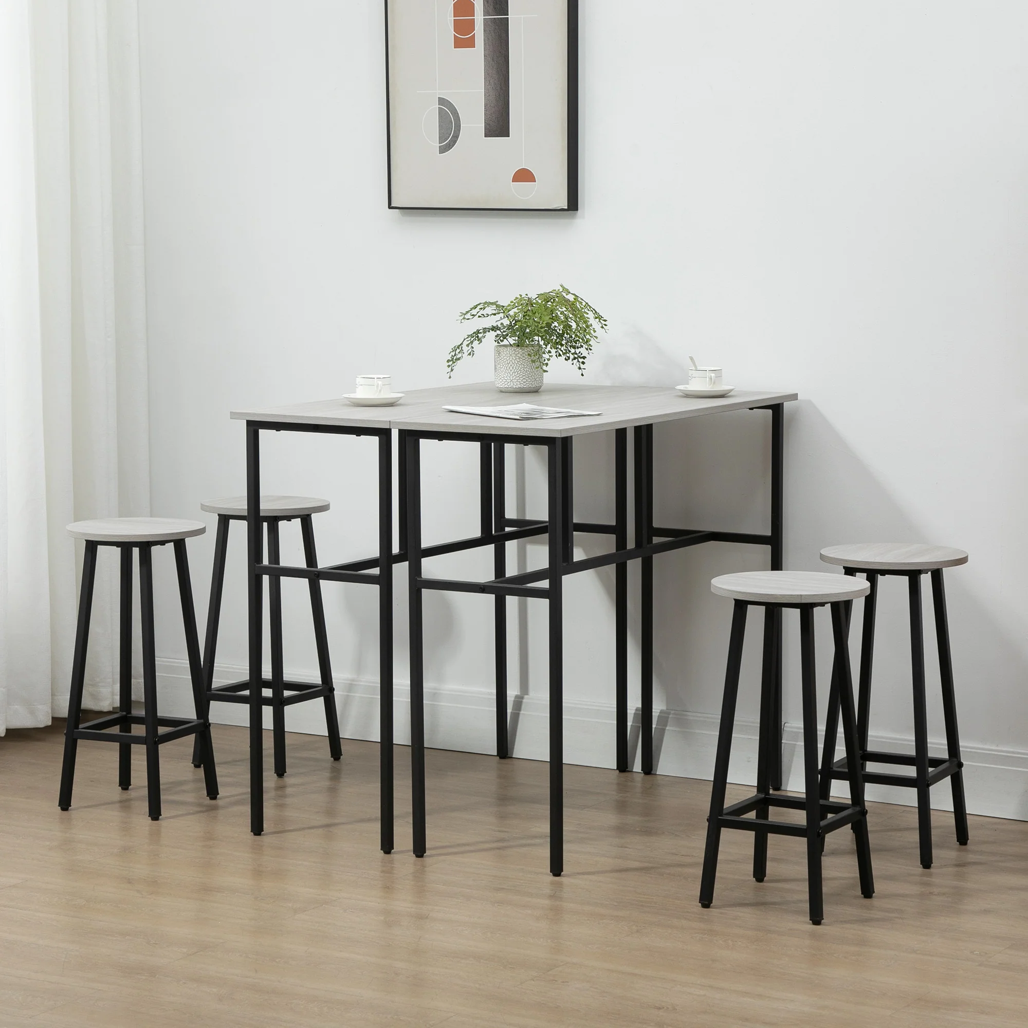 6-Piece Bar Table Set with 2 Tables & 4 Stools, Grey - Image 3