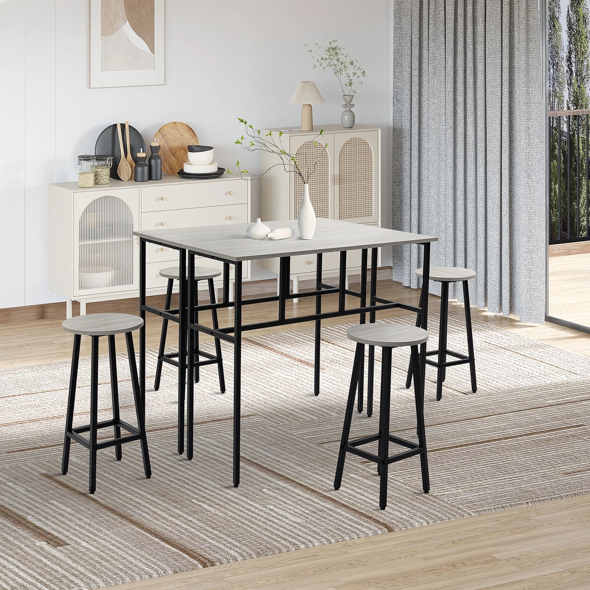 6-Piece Bar Table Set with 2 Tables & 4 Stools, Grey - Image 4