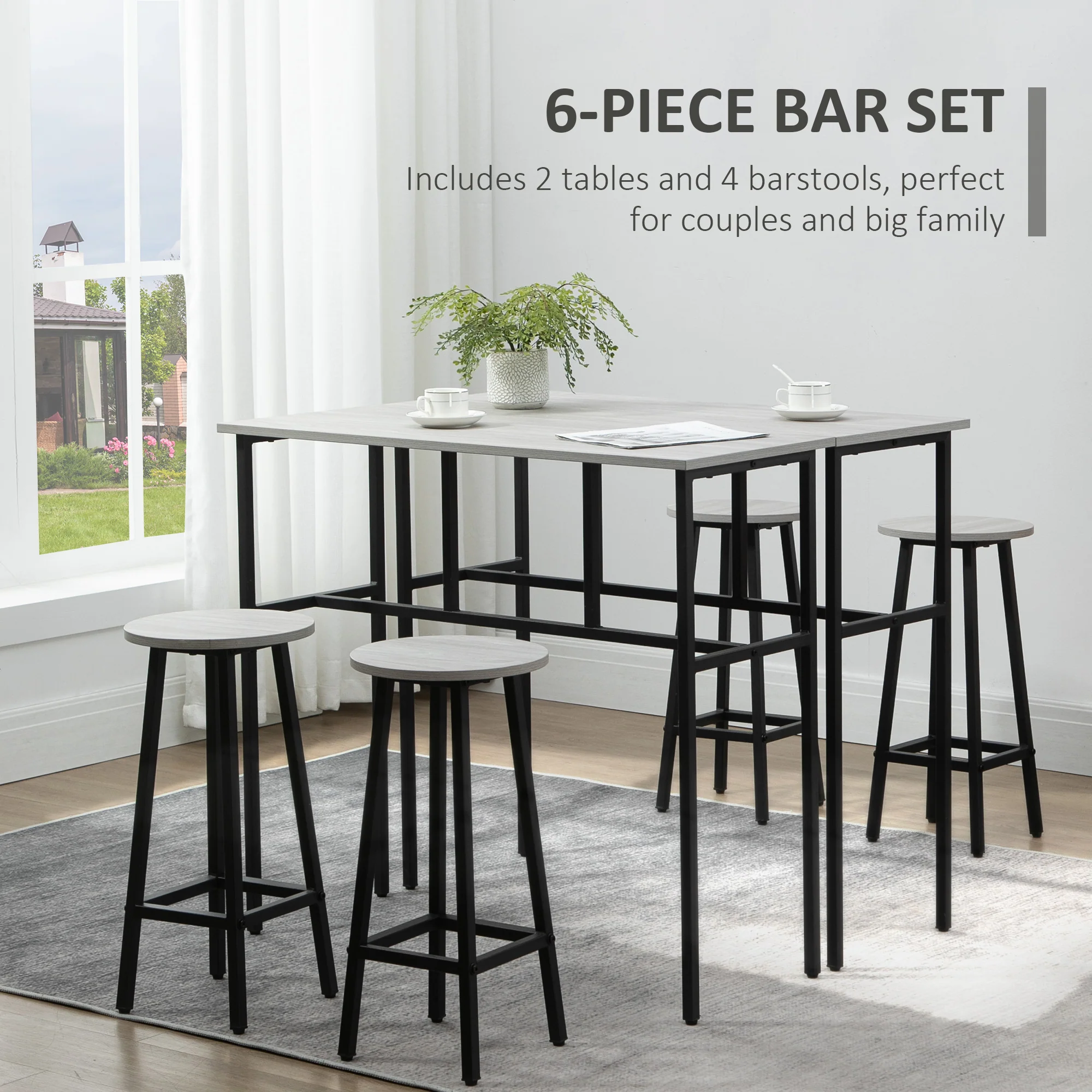 6-Piece Bar Table Set with 2 Tables & 4 Stools, Grey - Image 7