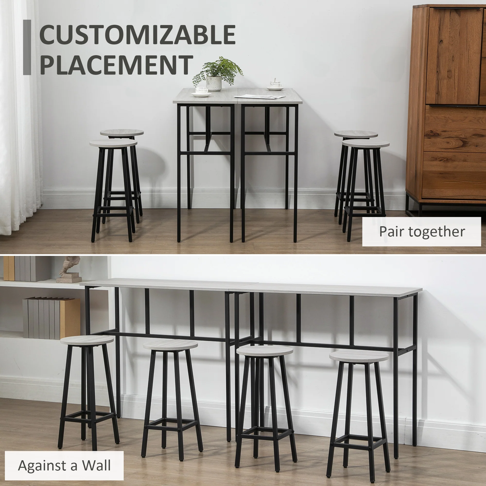6-Piece Bar Table Set with 2 Tables & 4 Stools, Grey - Image 9