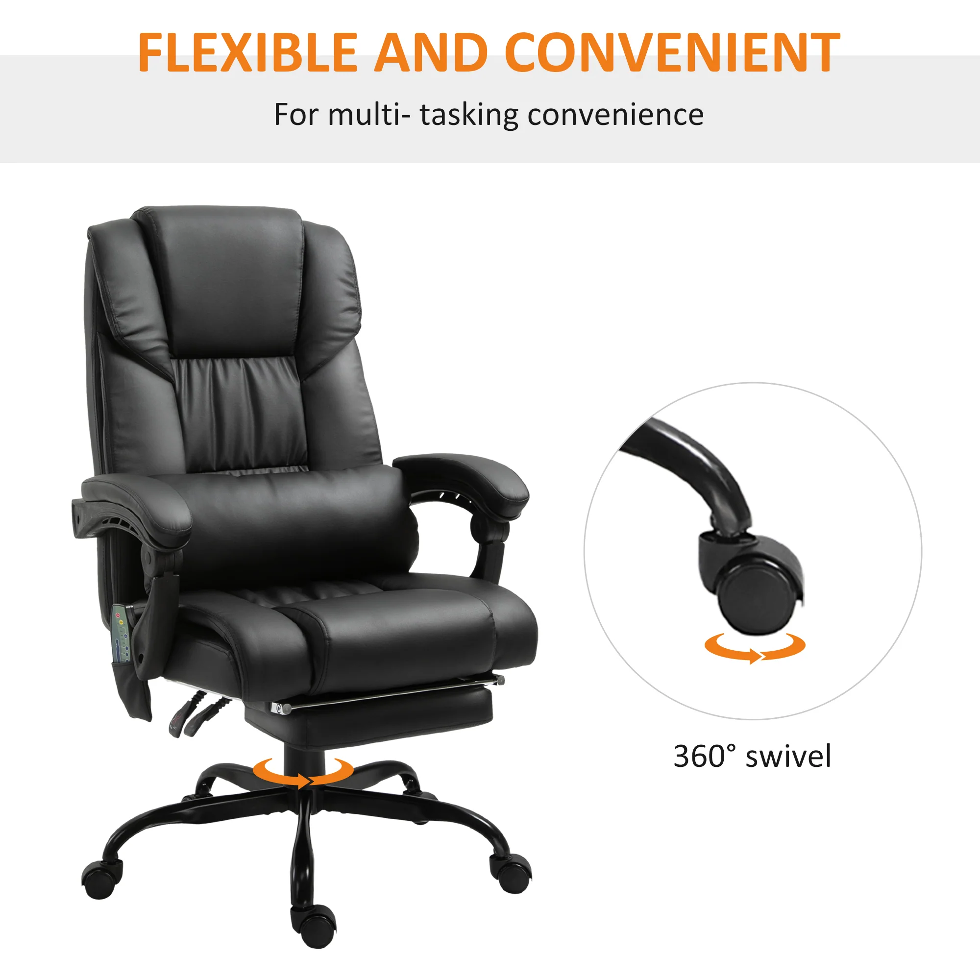 PU Office Chair with 6-Point Massage, Lumbar Pillow & Footrest for Home Office, Black - Image 10