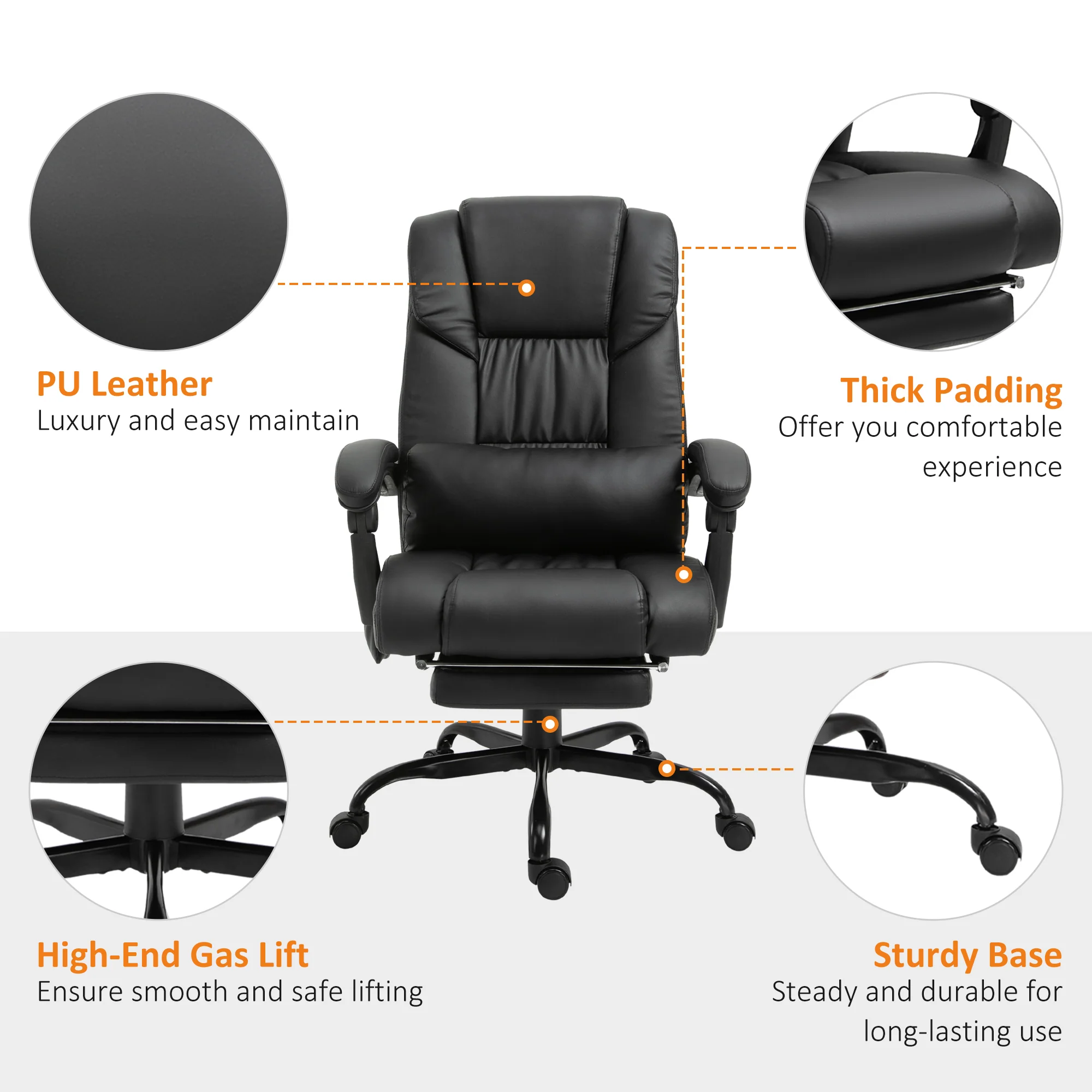 PU Office Chair with 6-Point Massage, Lumbar Pillow & Footrest for Home Office, Black - Image 11