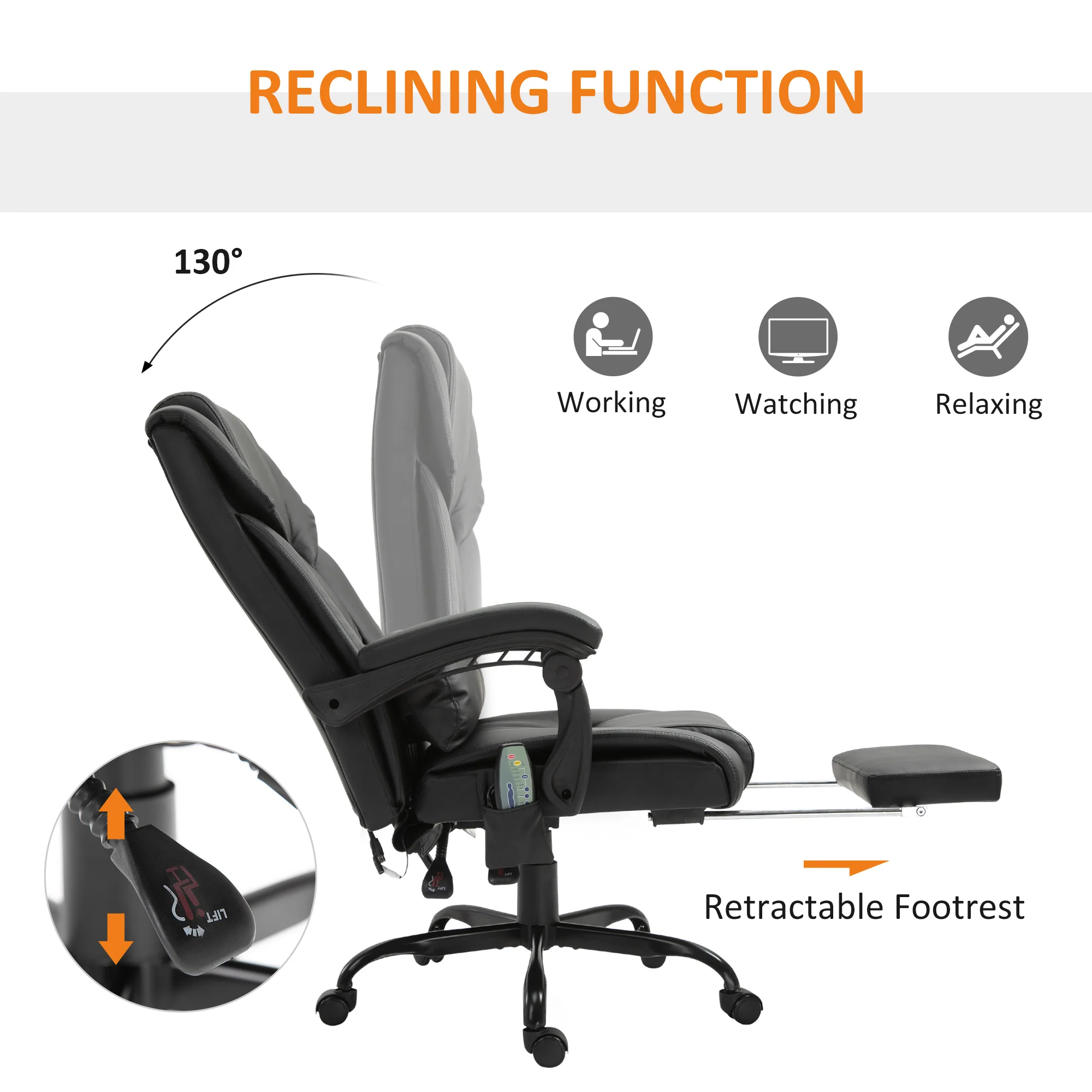 PU Office Chair with 6-Point Massage, Lumbar Pillow & Footrest for Home Office, Black - Image 7