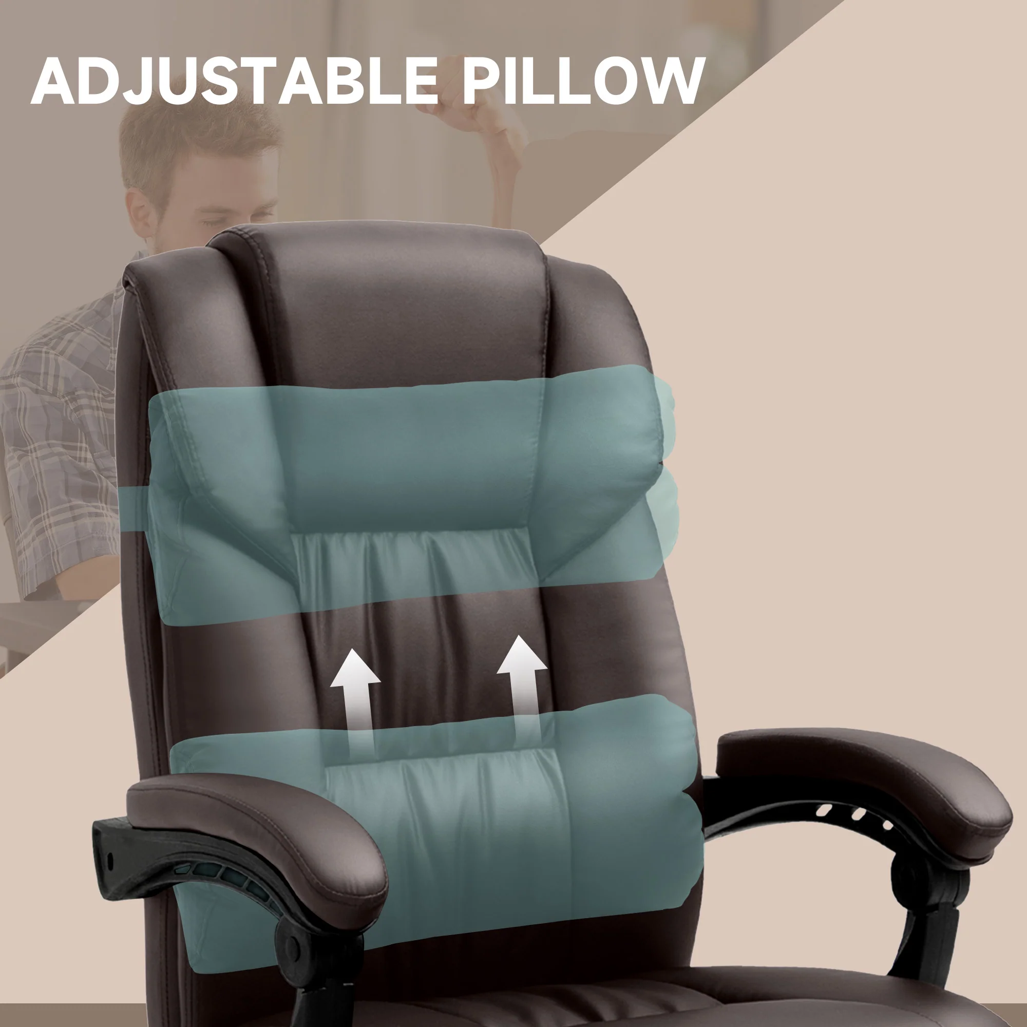 PU Office Chair with 6-Point Massage, Lumbar Pillow & Footrest for Home Office, Brown - Image 11