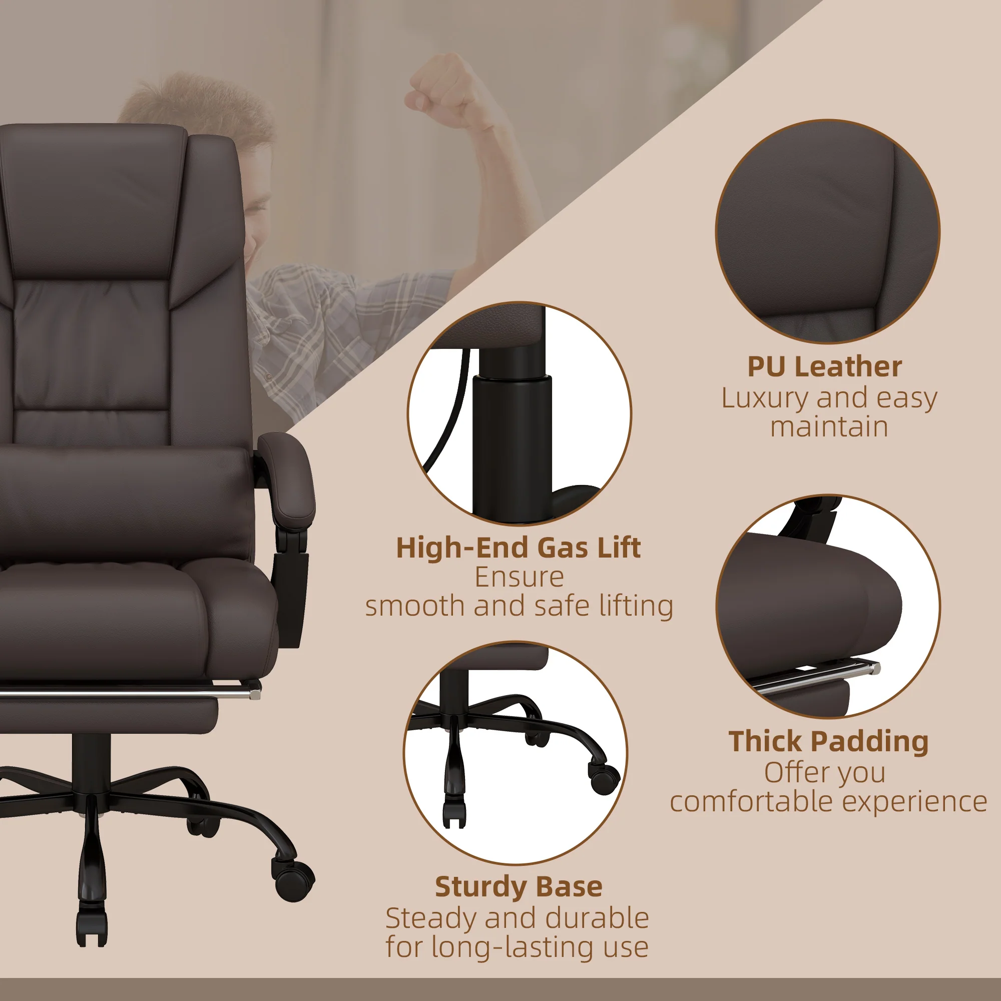 PU Office Chair with 6-Point Massage, Lumbar Pillow & Footrest for Home Office, Brown - Image 7