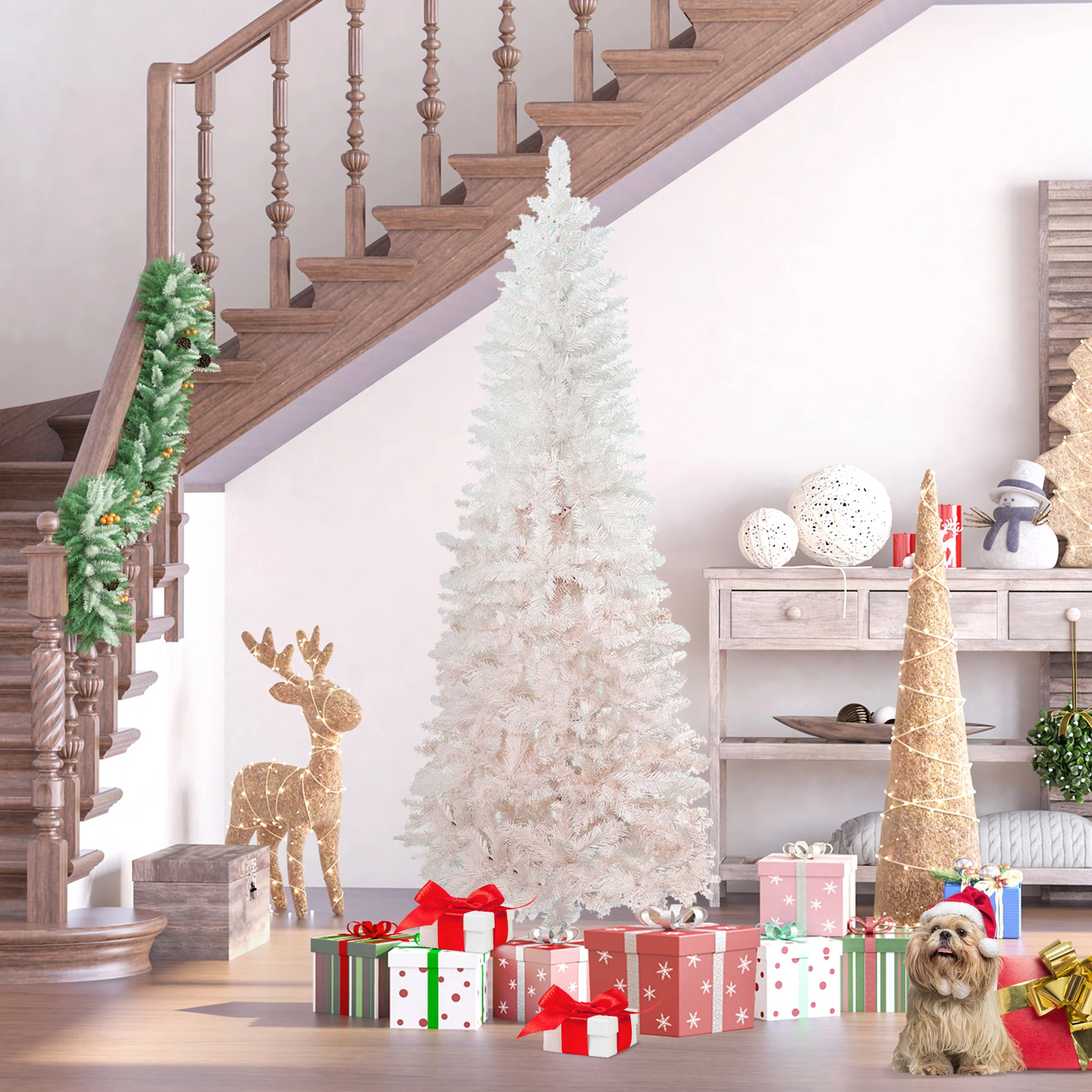 6' Unlit Pencil Fir Artificial Tree with Realistic Branches & Steel Base, Pink & White - Image 12
