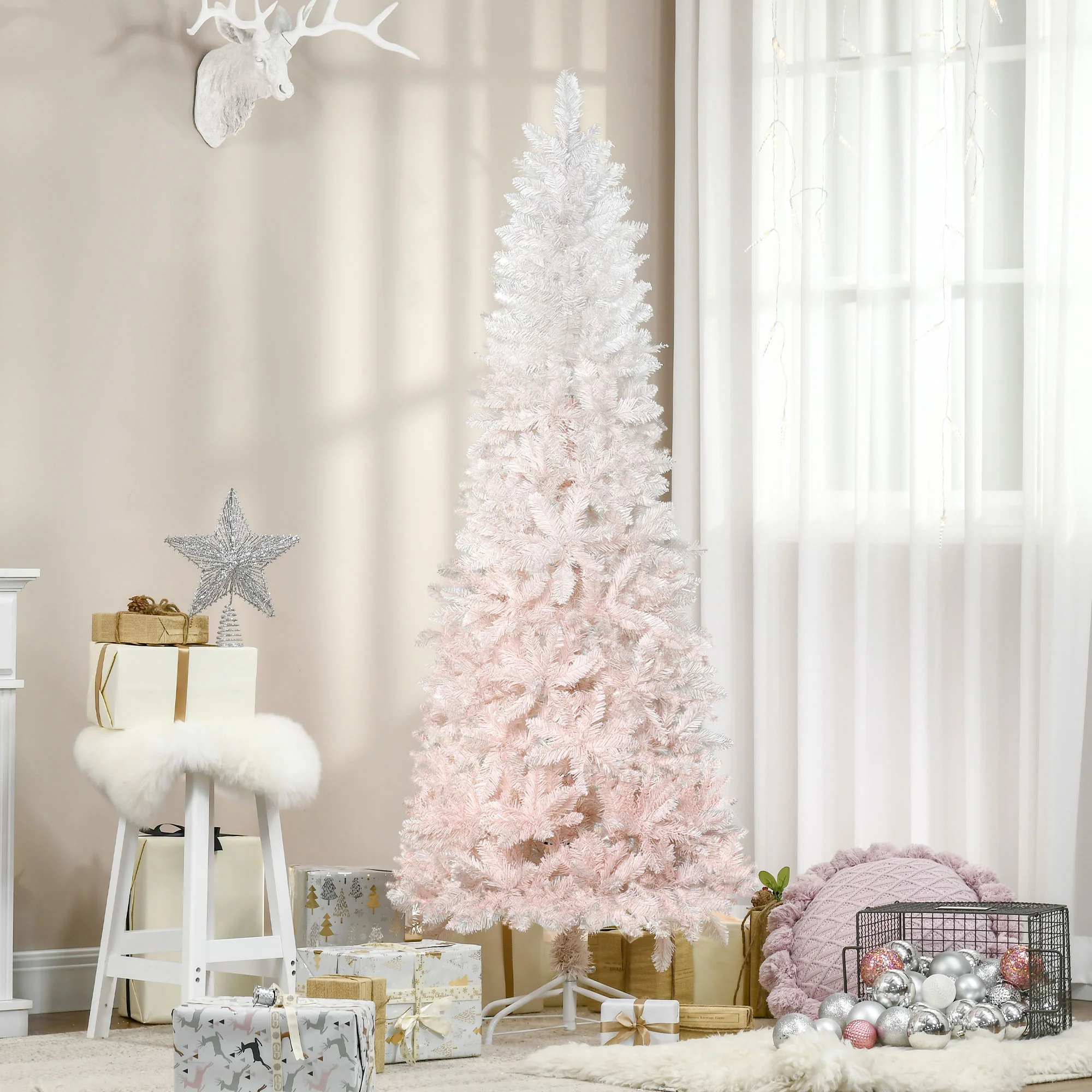 6' Unlit Pencil Fir Artificial Tree with Realistic Branches & Steel Base, Pink & White - Image 13